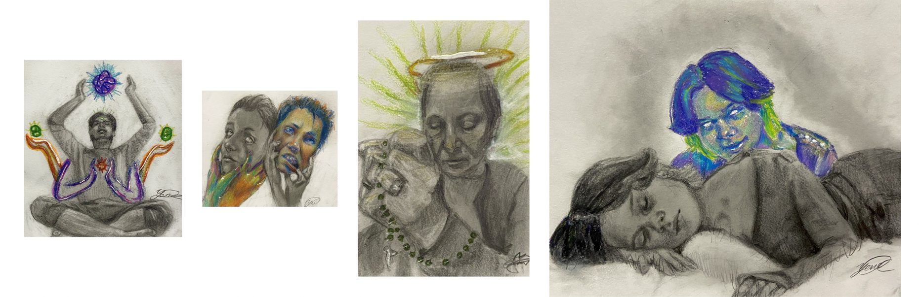 Four drawings of people with pops of color