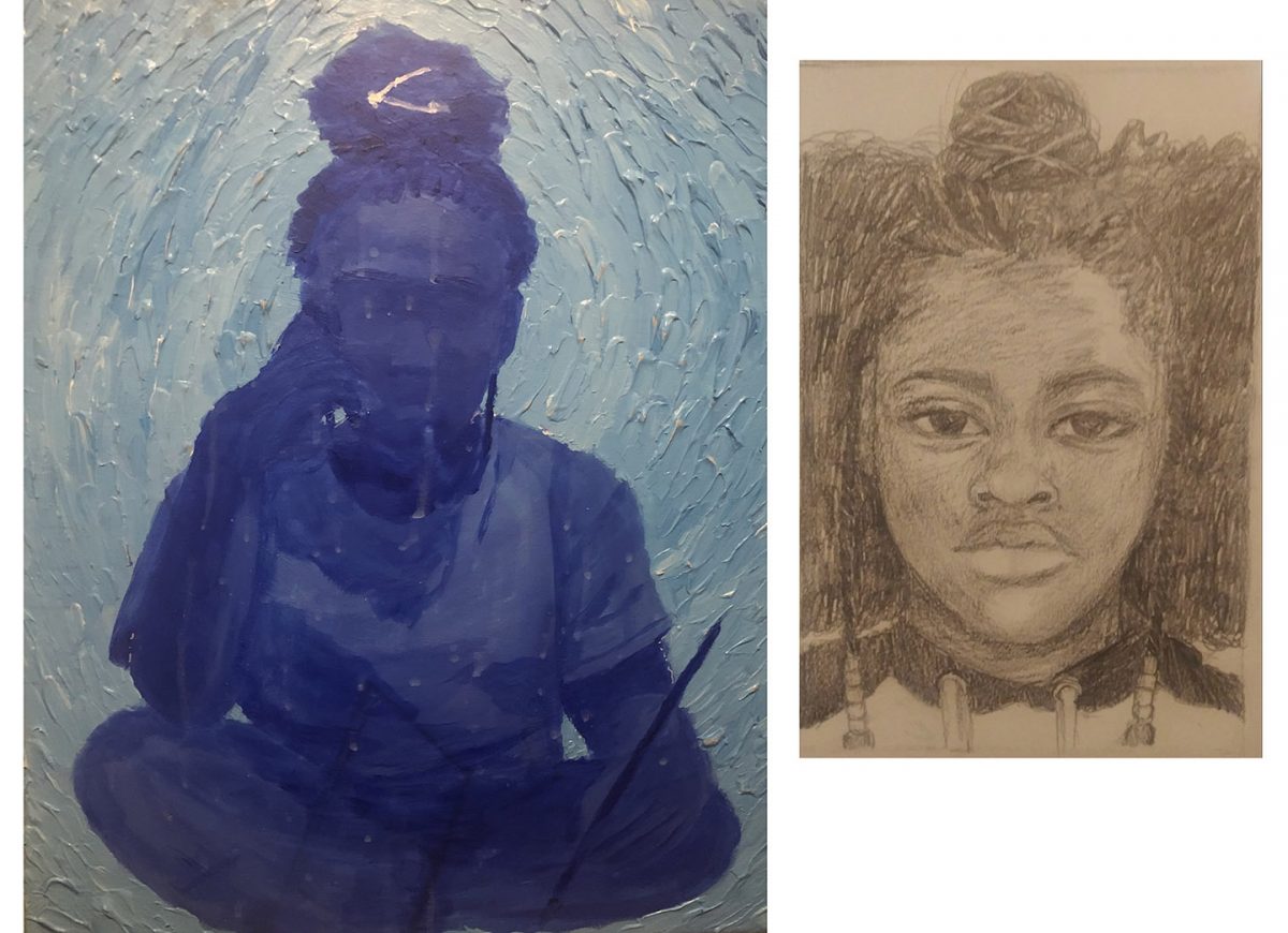black and white portrait and painted person sitting cross legged