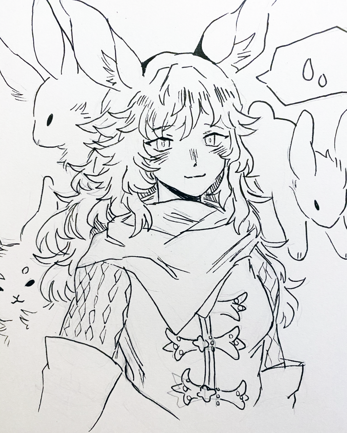b/w line drawing of a fantasy person with long hair, ears, and surrounded by rabbits.