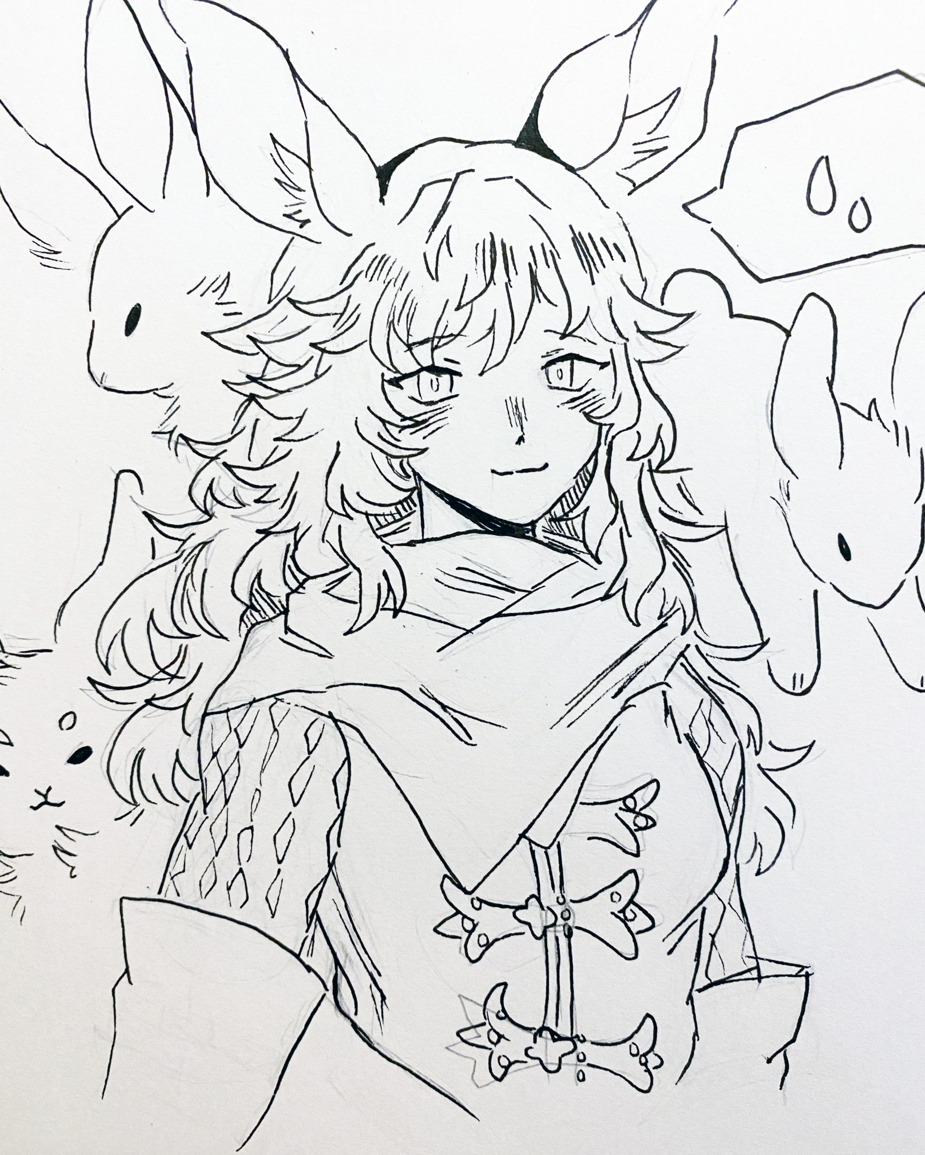 b/w line drawing of a fantasy person with long hair, ears, and surrounded by rabbits.