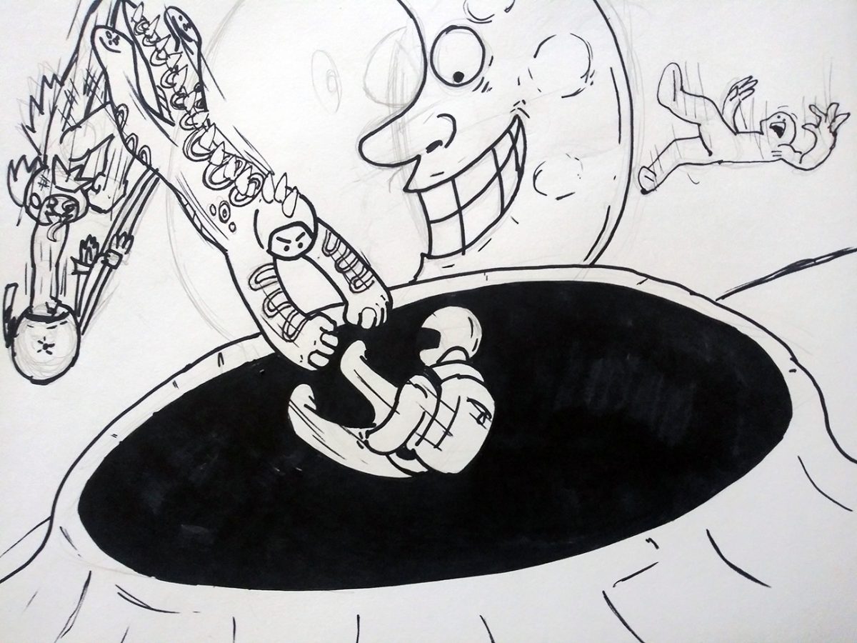 astronaut falling into a crater