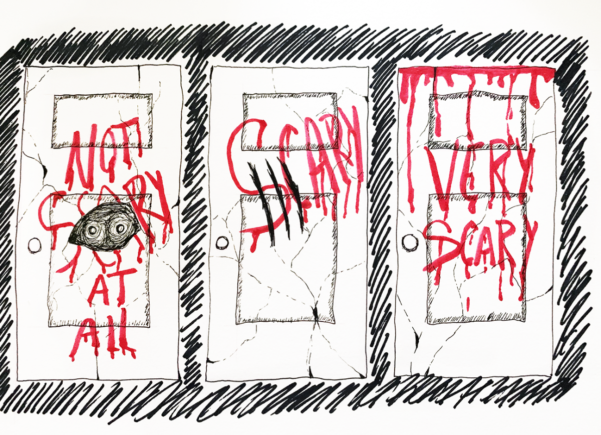 three doors labeled not scary at all, scary, and very scary with blood