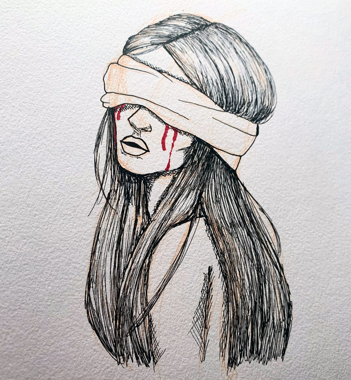 person with long hair, wearing a blindfold, with blood coming out from underneath
