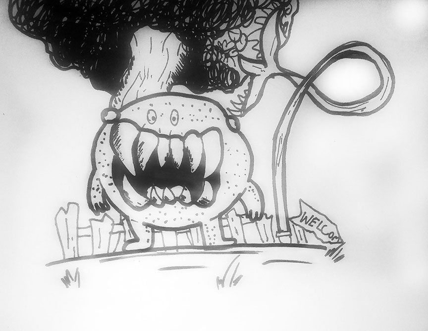 creature with fangs in front of broken fence and tree.