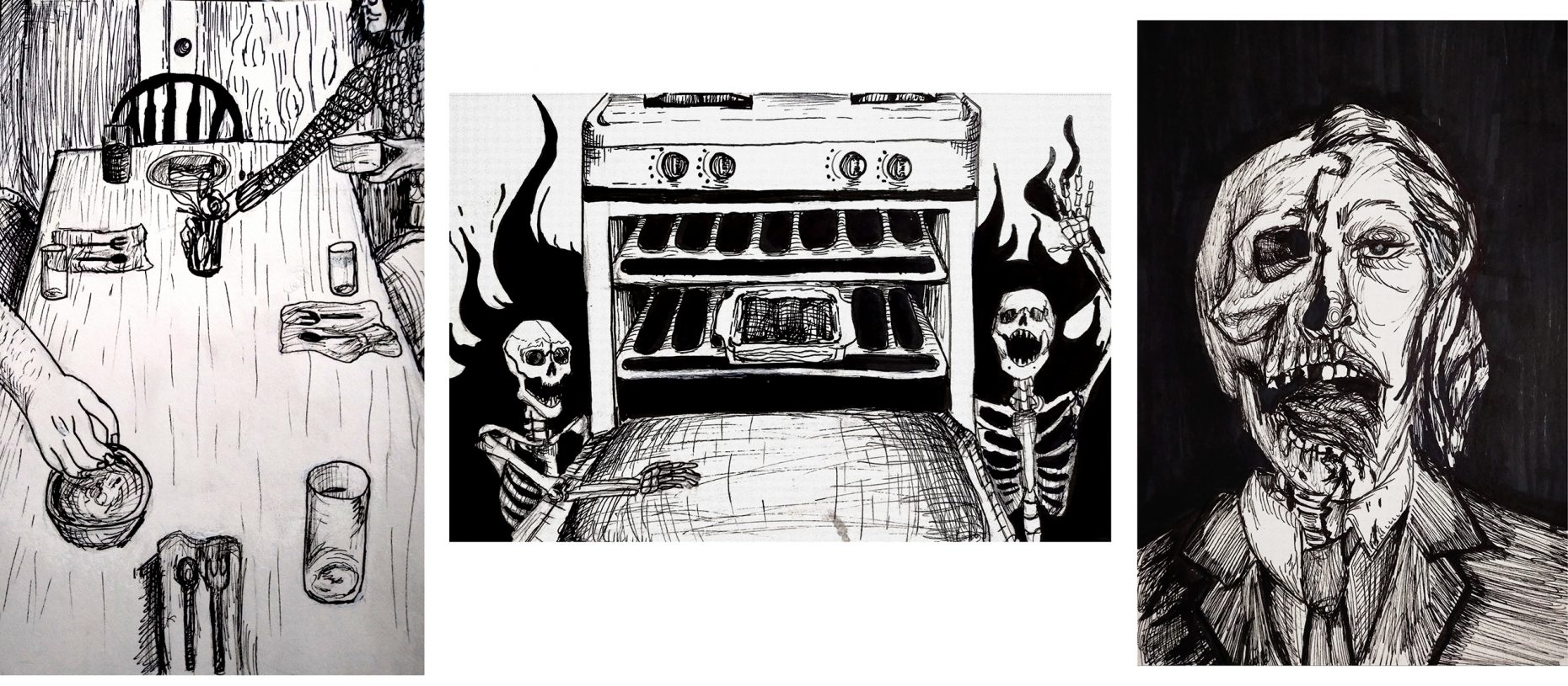 Drawing of table, skeletons around an oven, and decaying face