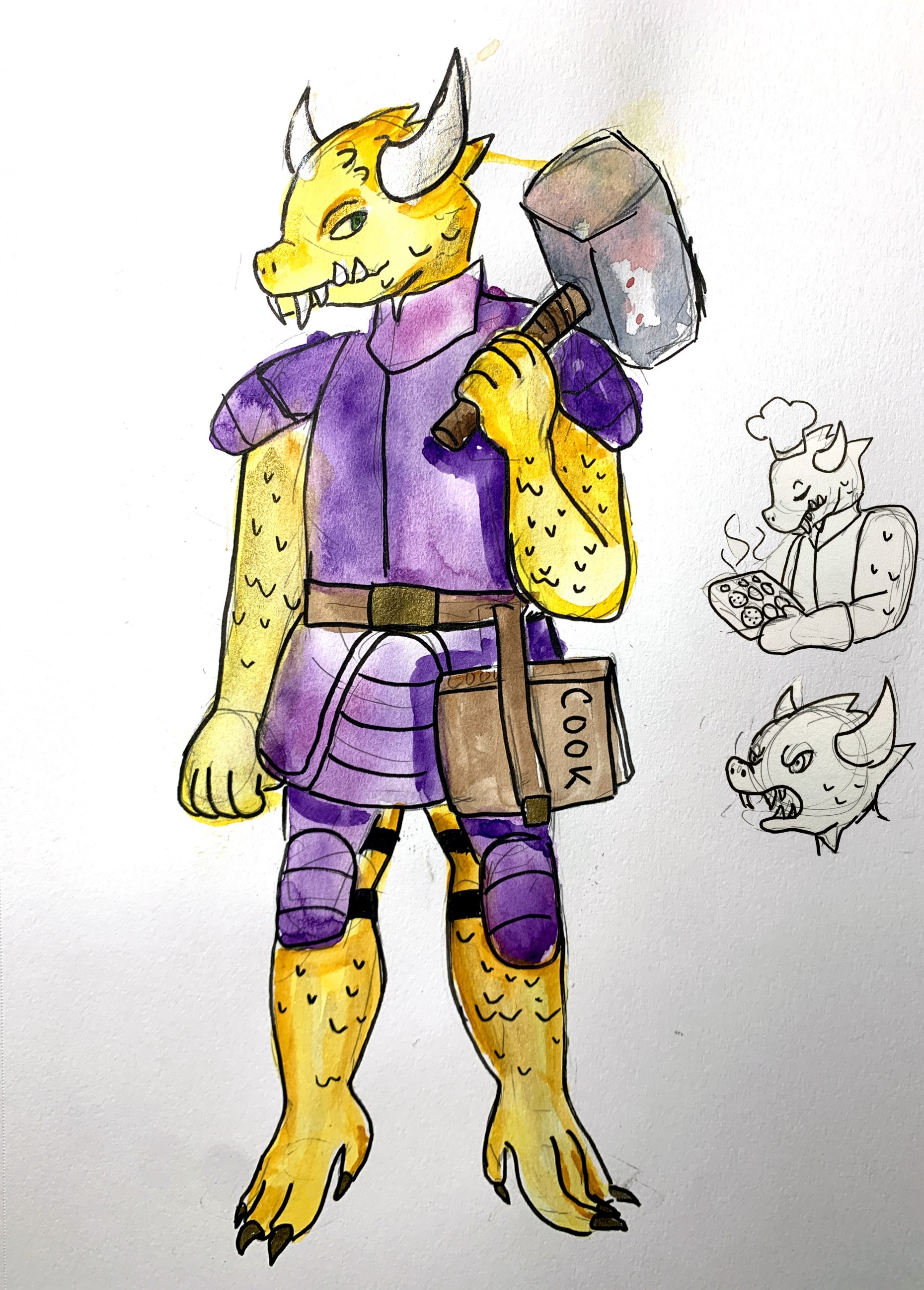 Drawing of a purple and yellow two-horned creature with a big club on a white background