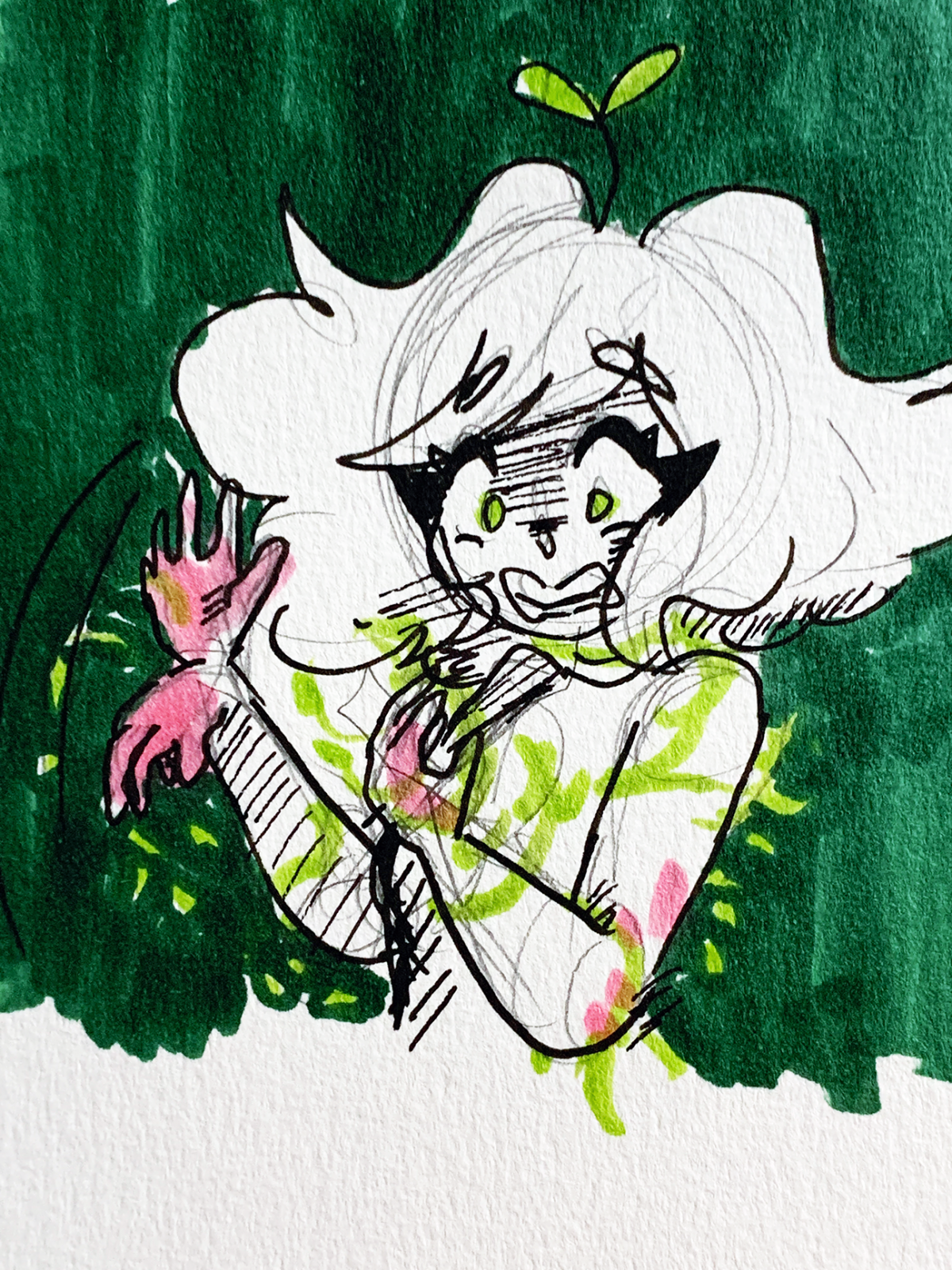 person with plant sprout on their head looking panicked