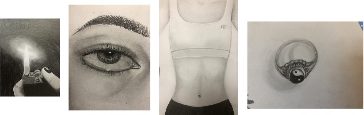 pencil drawing of eye, torso, ring and lighter