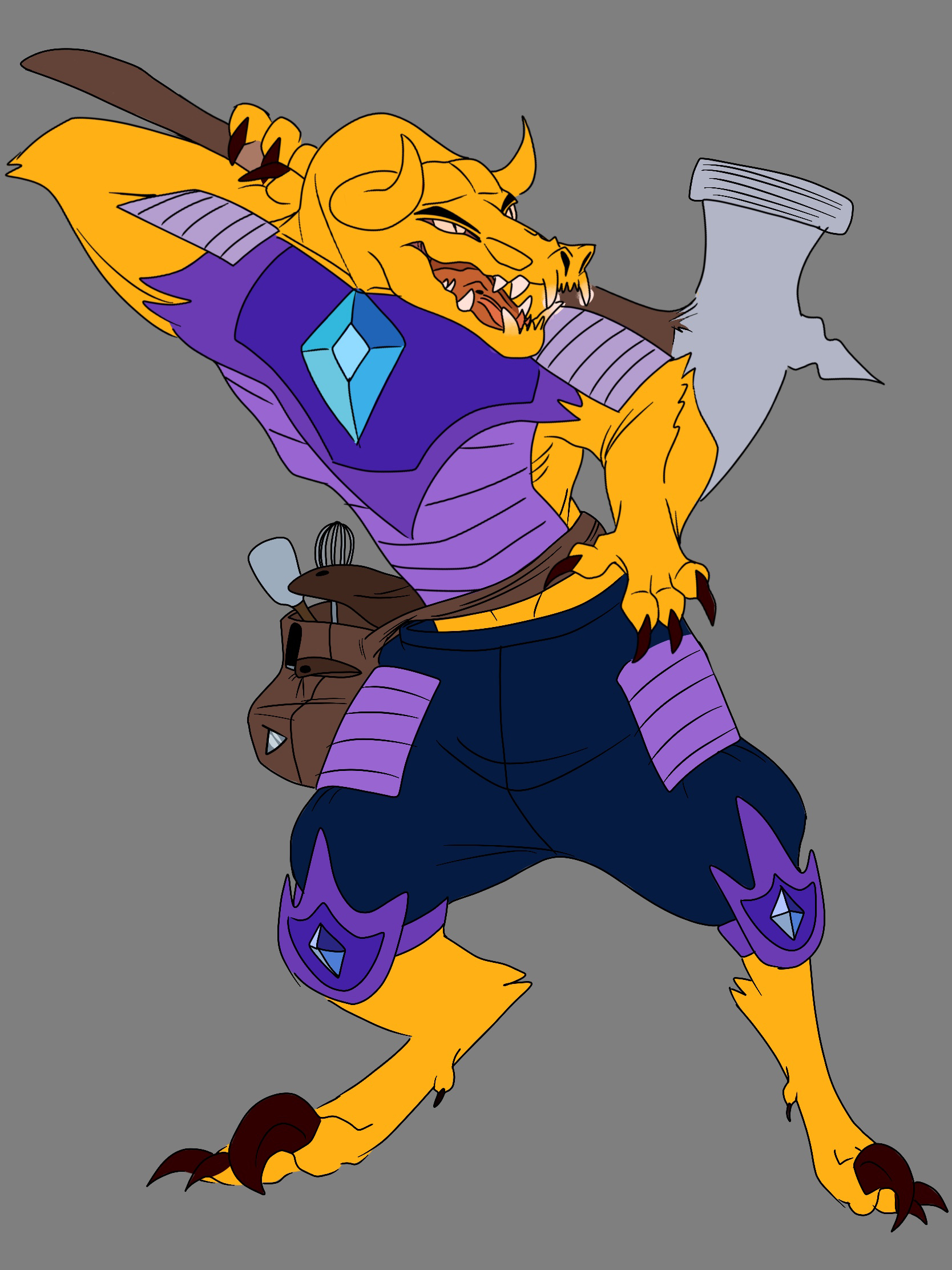 Drawing of a purple and yellow two-horned creature with a big weapon on a grey background