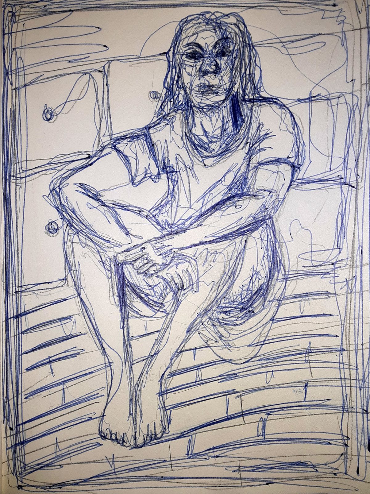 sketch of person sitting on bricks