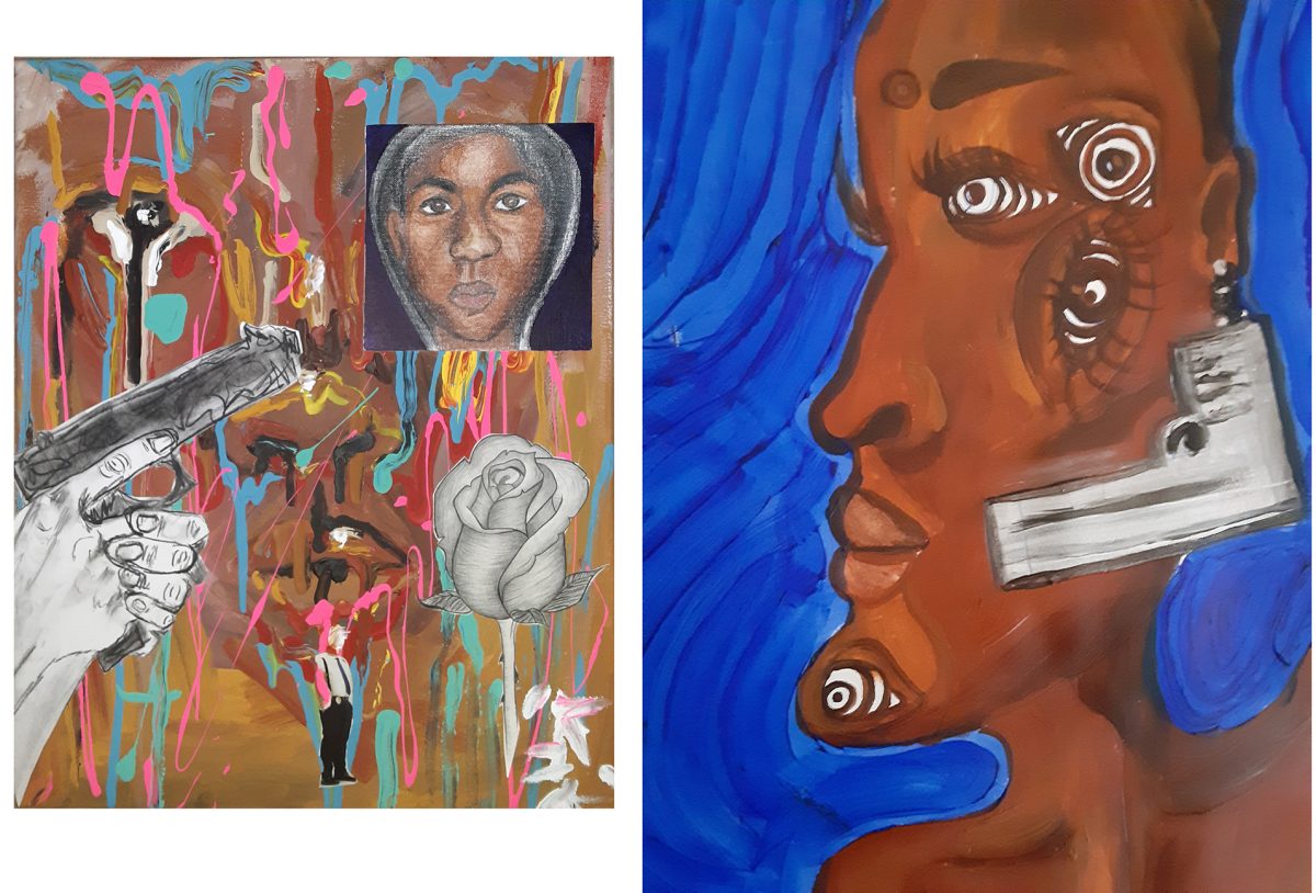 Collage and painting of people and a gun
