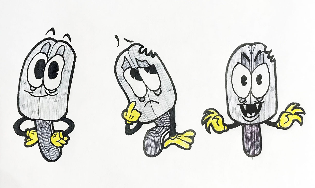 three ice cream bars with different facial expressions