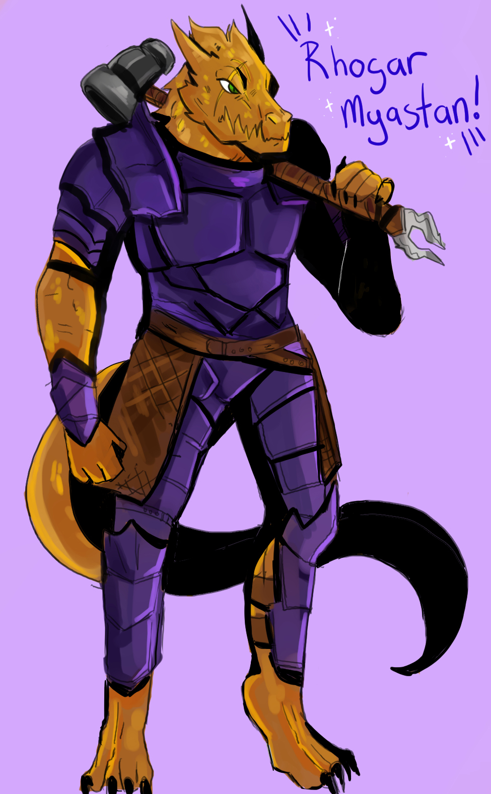 Drawing of a purple and yellow two-horned creature with a big tail on a purple background