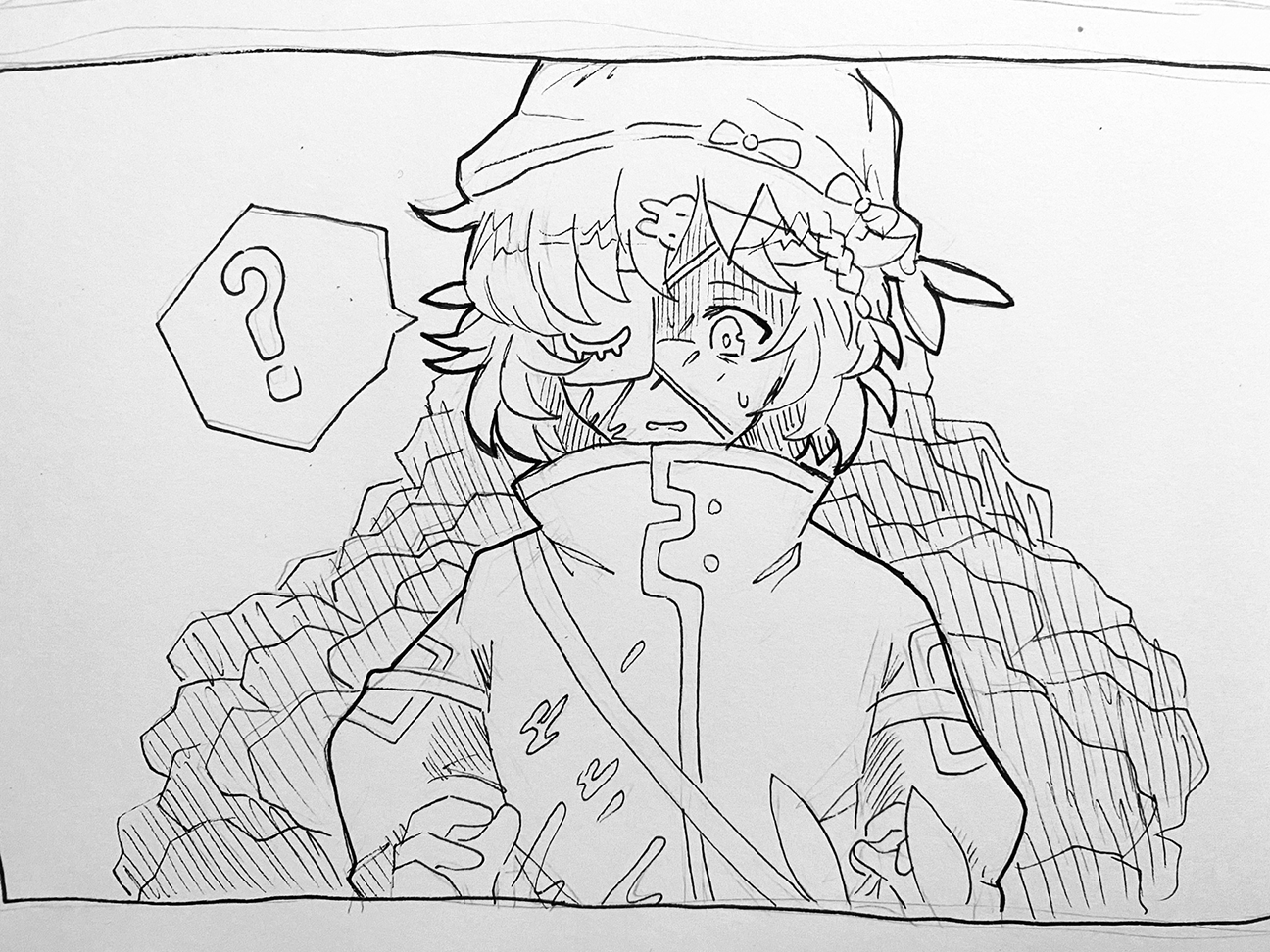 Person wearing a large hat with a ? in their speech bubble.