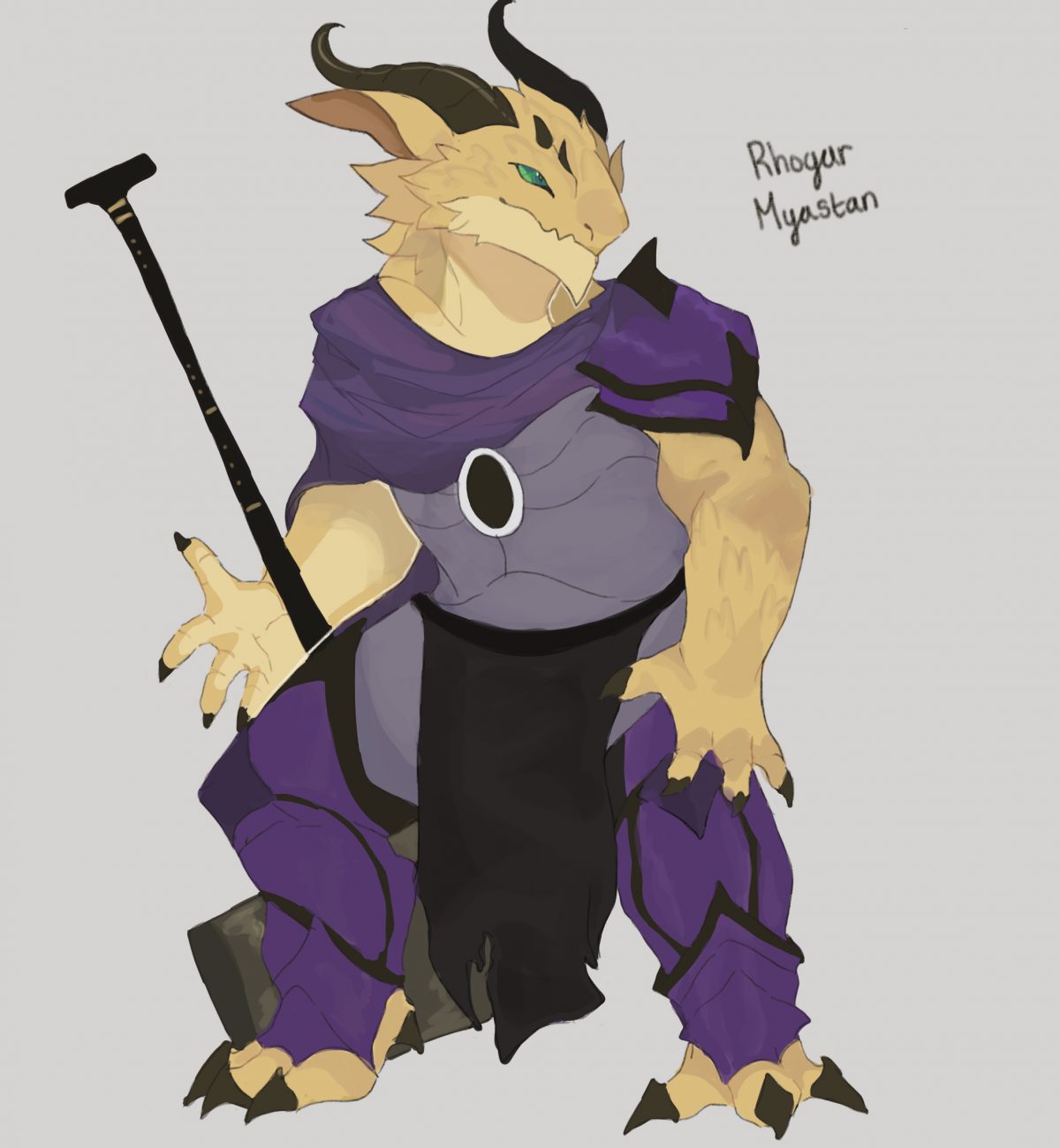 Drawing of a purple and yellow two-horned creature with a cane on a grey background