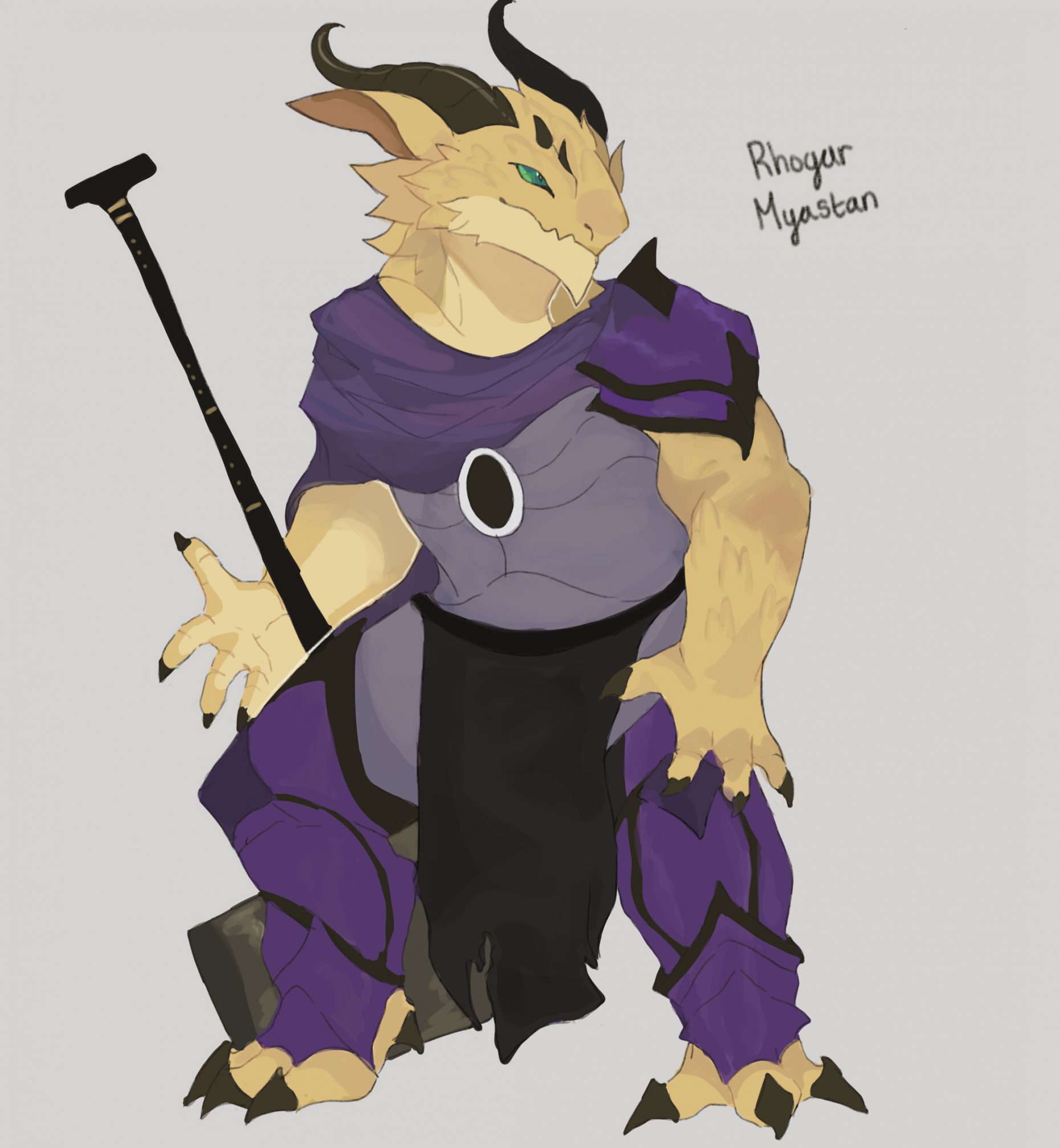 Drawing of a purple and yellow two-horned creature with a cane on a grey background