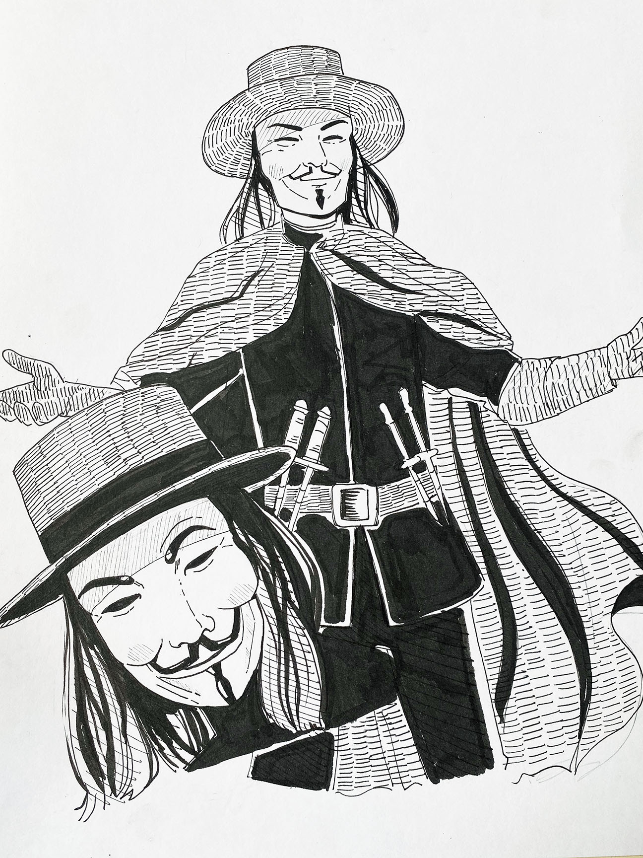 person with hat, cape, and knives wearing anonymous mask