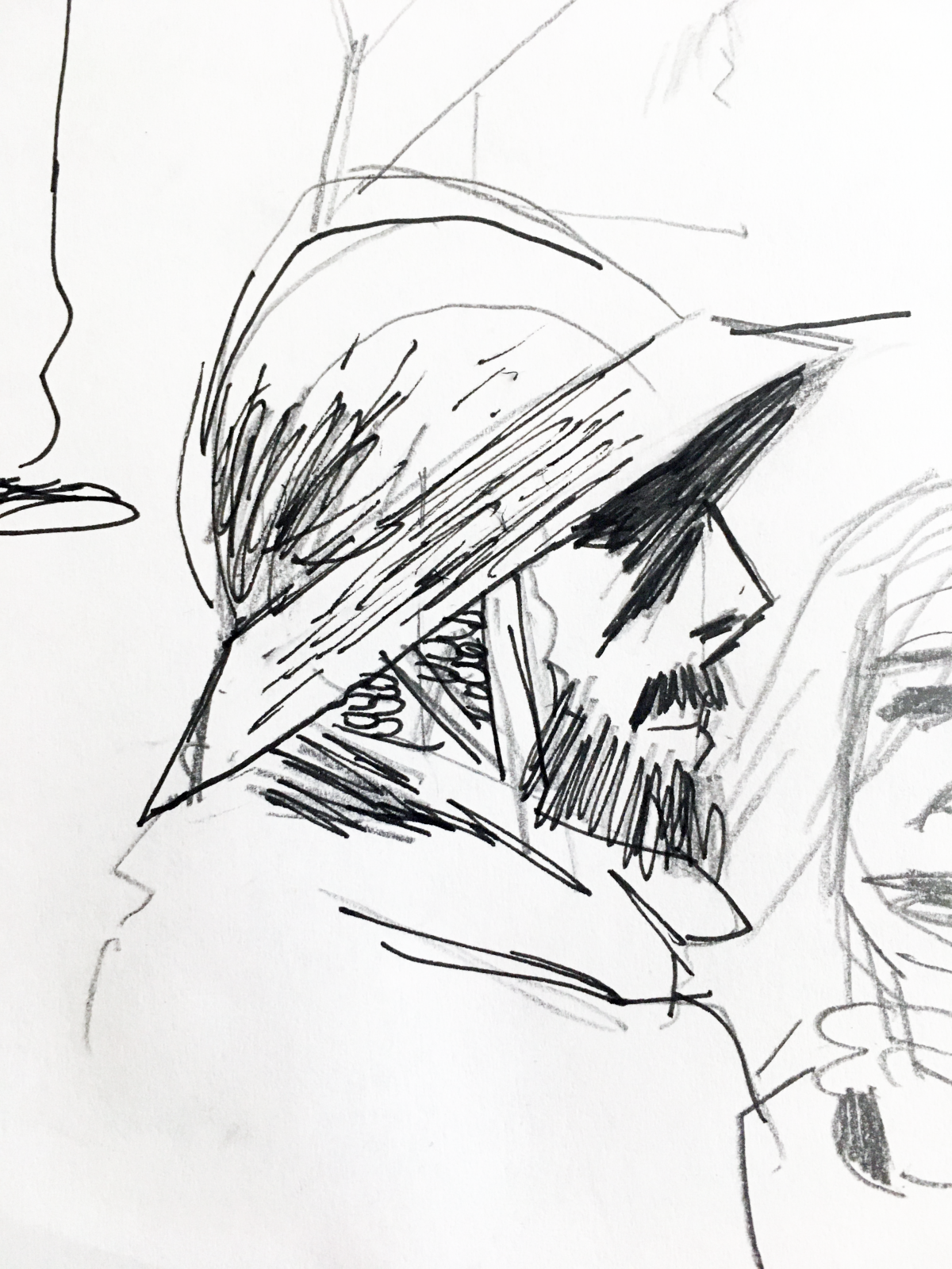 b/w line drawing of person with beard wearing a helmet