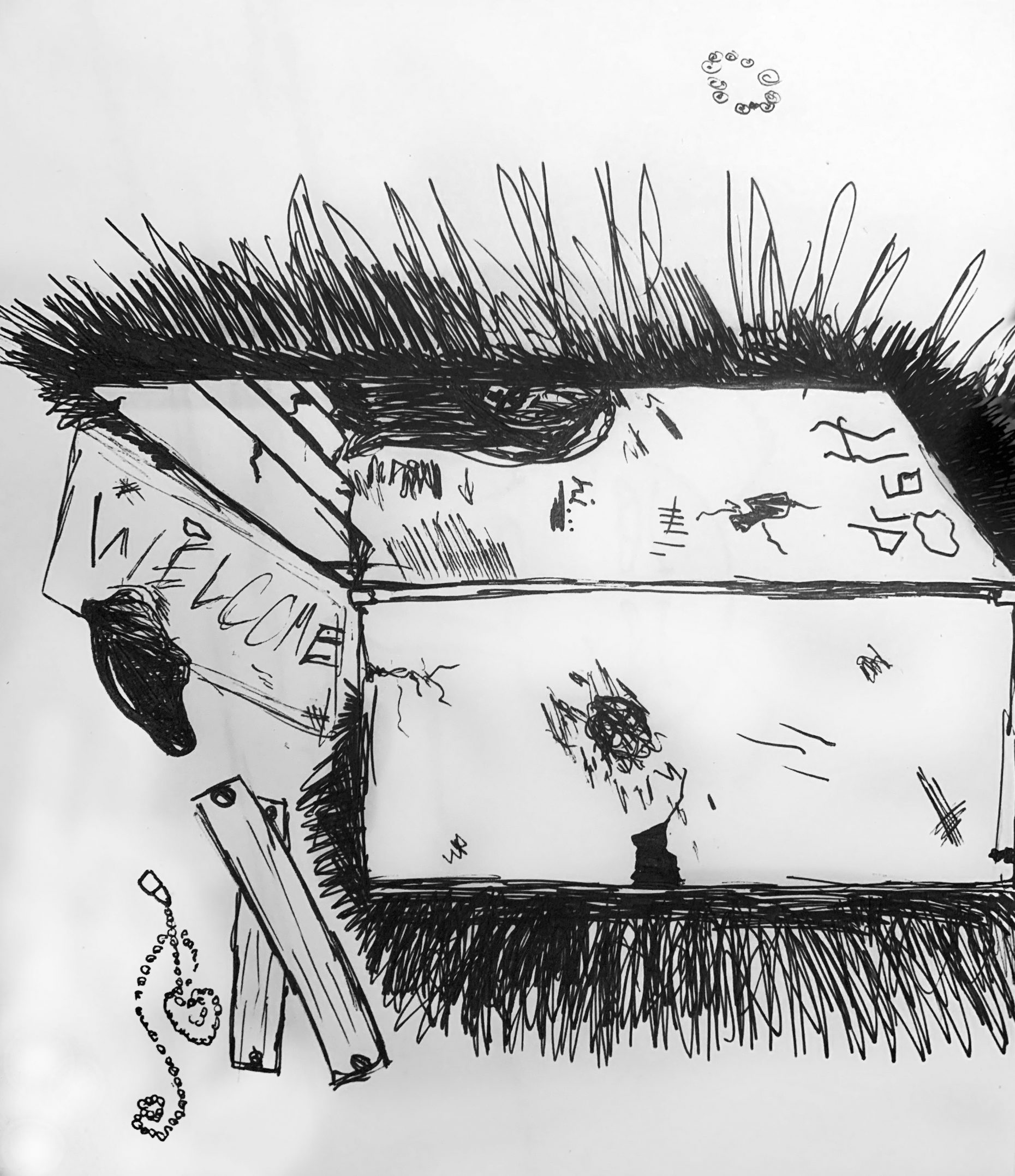 Line drawing of box with planks and shovel