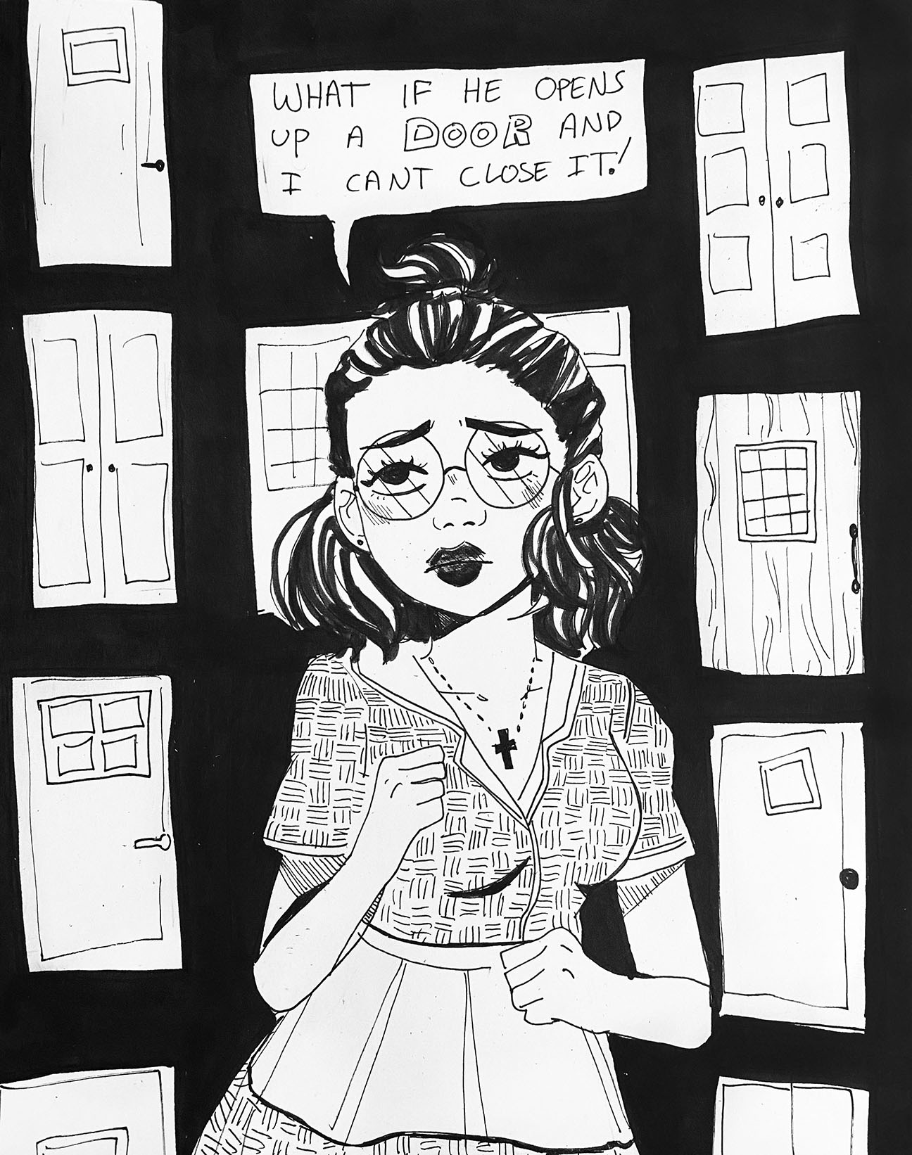 person standing in front of images of various doors