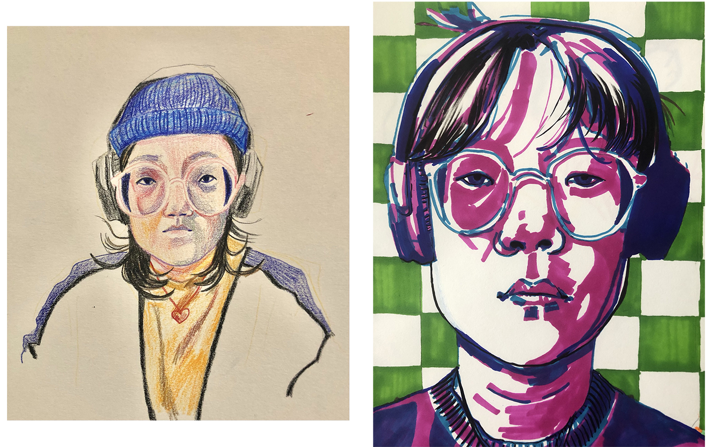 pencil drawing and marker drawing of person with glasses