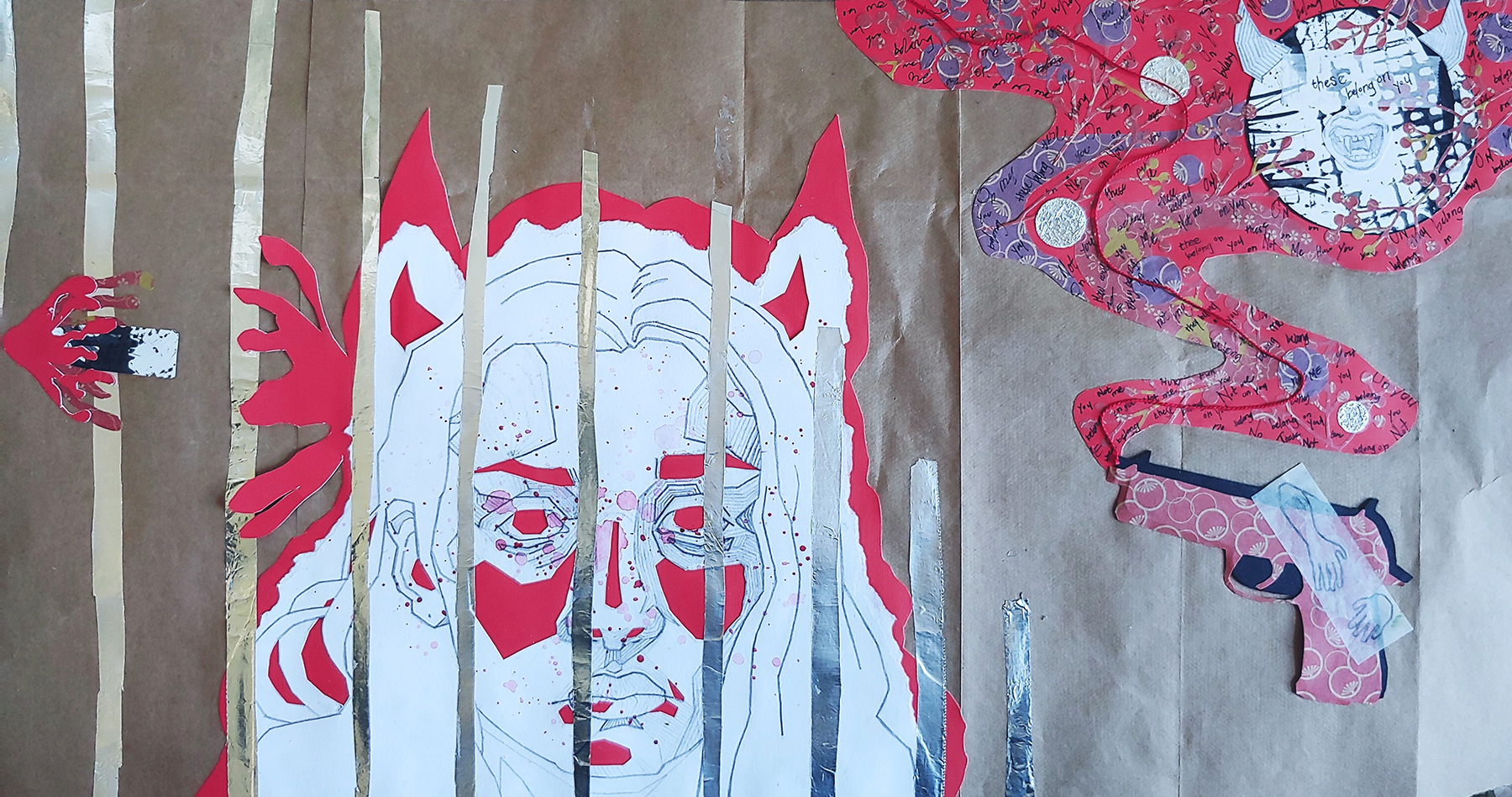 collage of person with cat ears in a cage