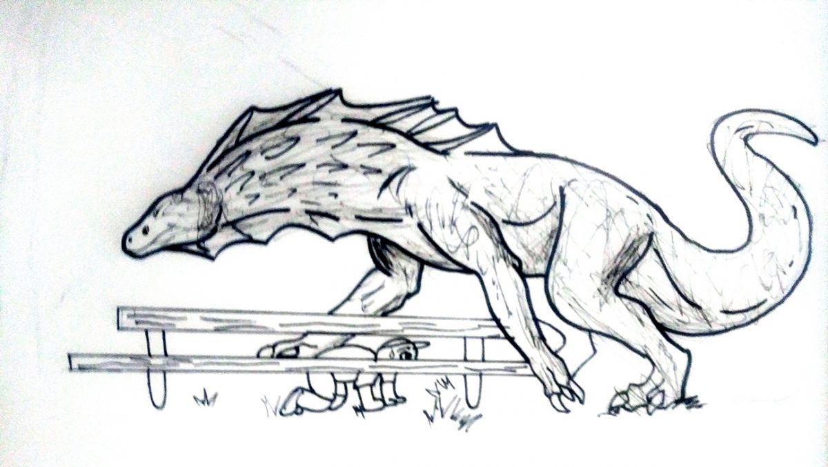 Dragon walking over person hiding under bench