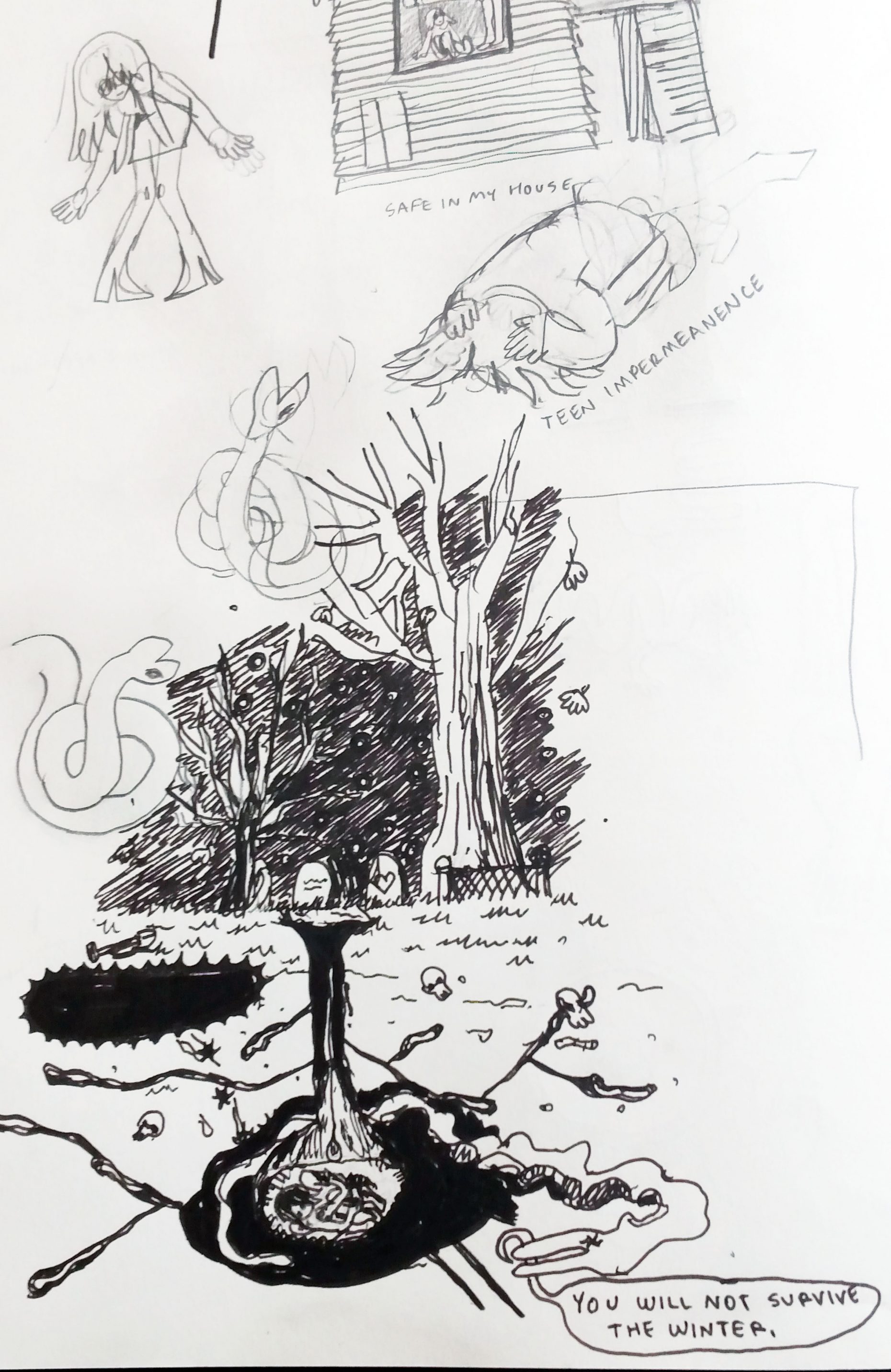 b/w line drawing with scared people and a cemetery