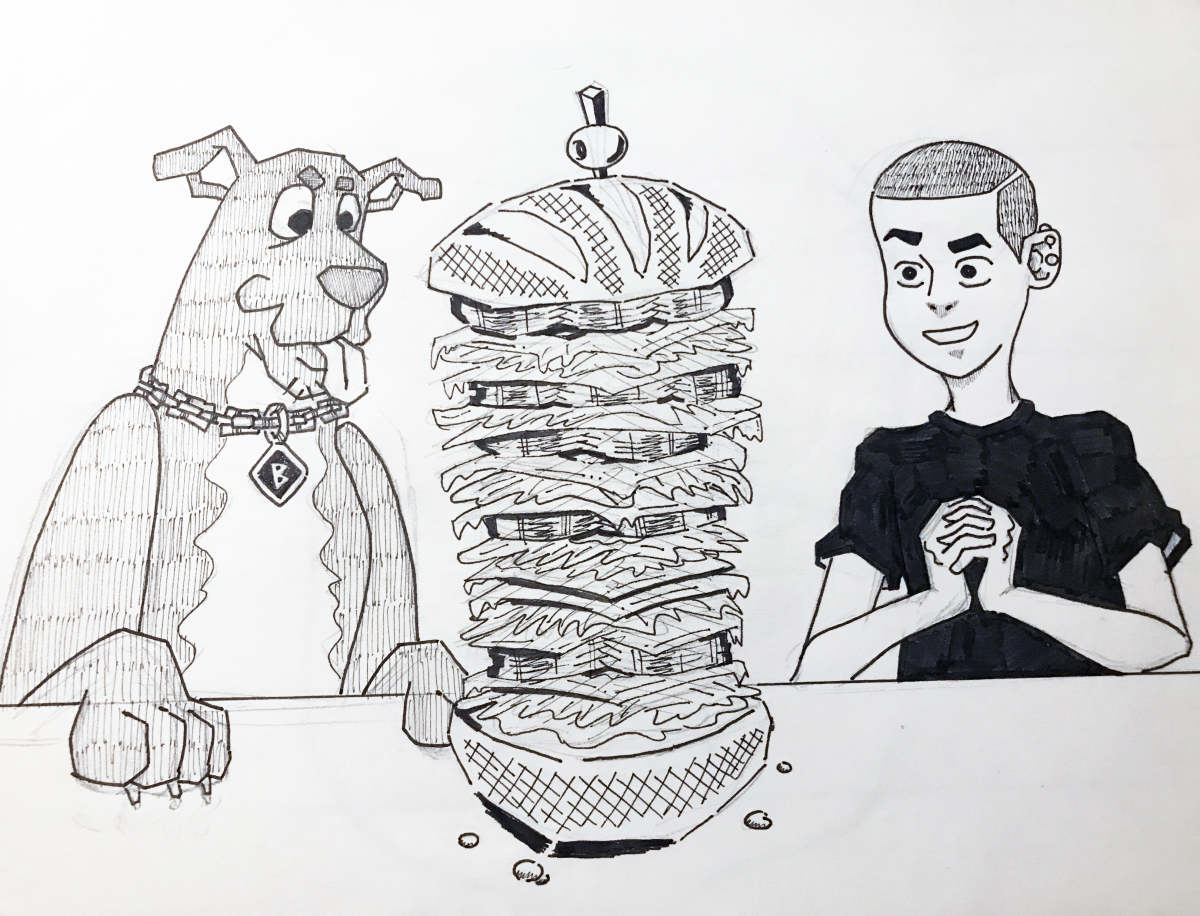 person and dog with tall sandwich