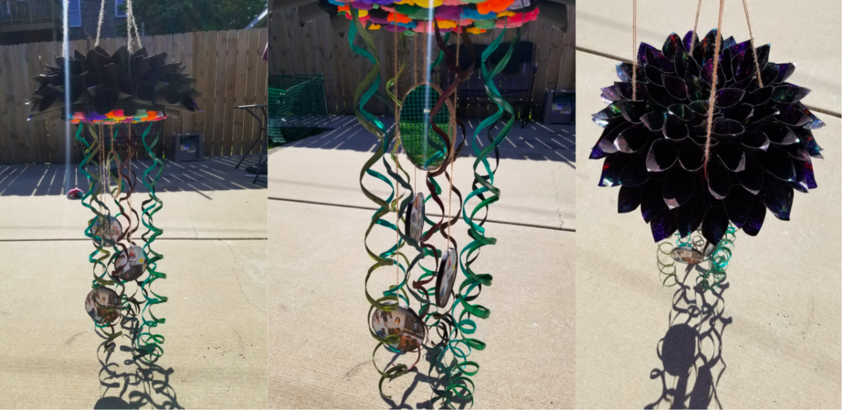 Three pictures of a hanging sculpture that looks like a plant