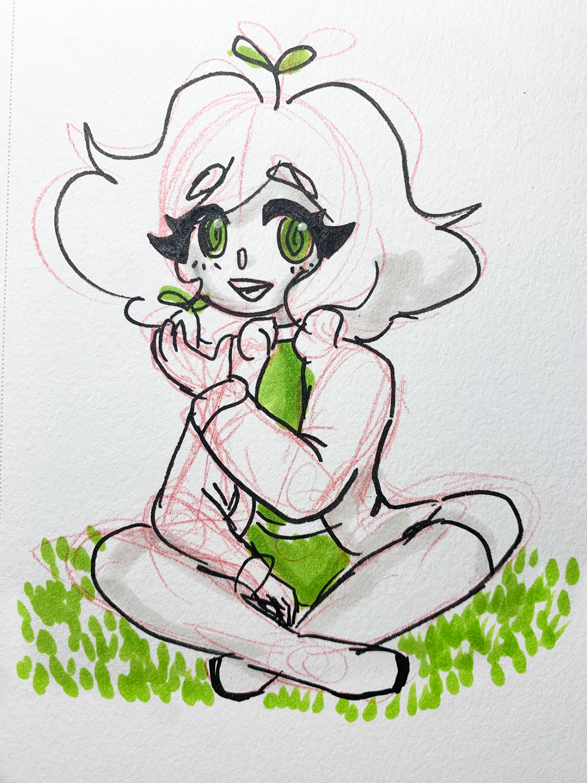 Person with a sprout growing out of their hand and head