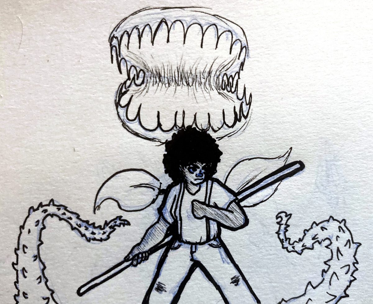 person with a stick fighting a man-eating plant