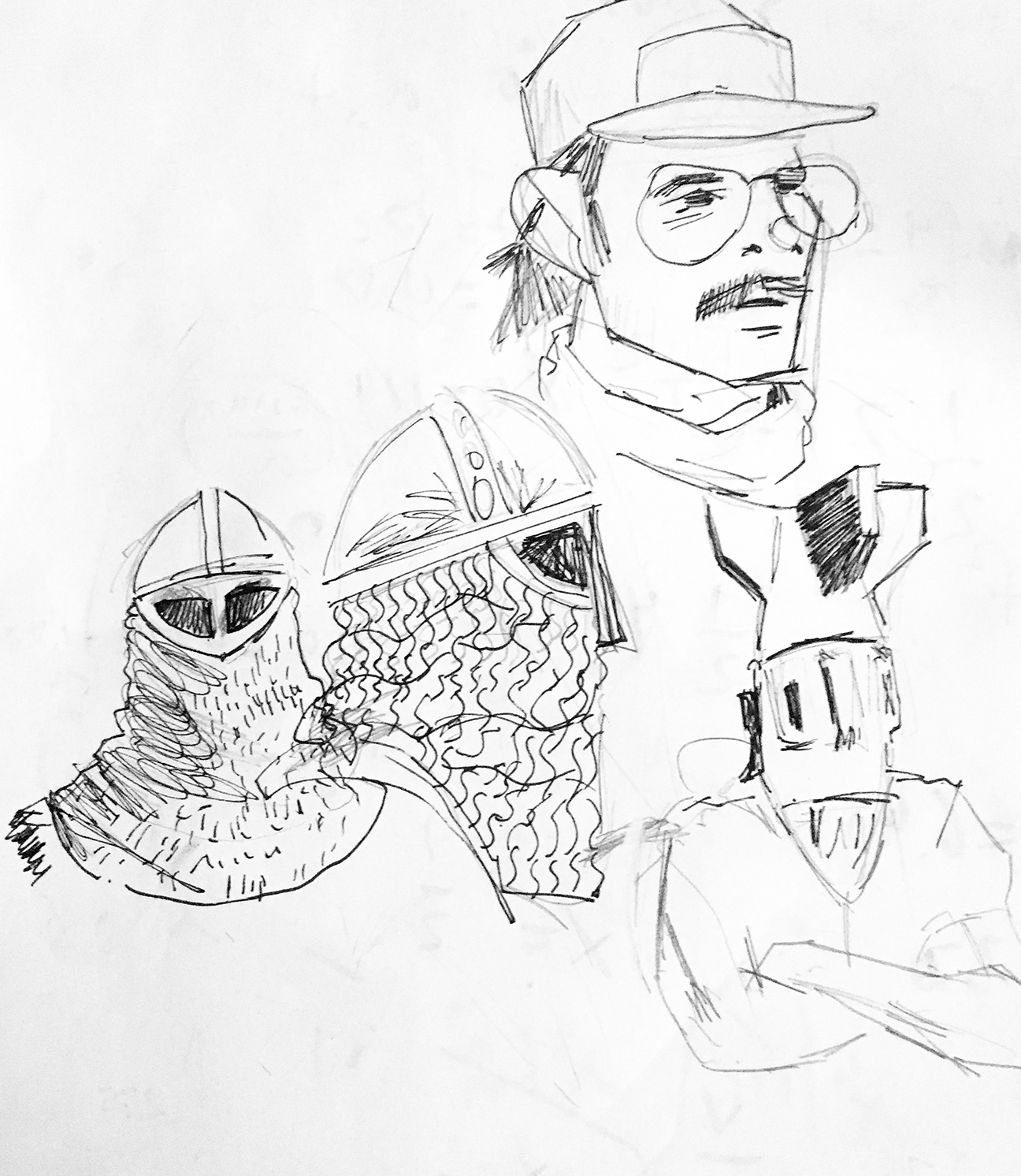3 knights and person wearing classes and hat