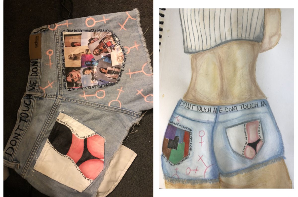 Collage and drawing of the back of someone's shorts
