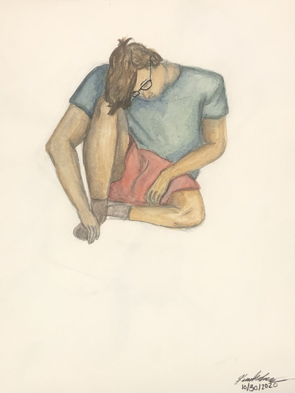 drawing of person sitting, looking at the ground