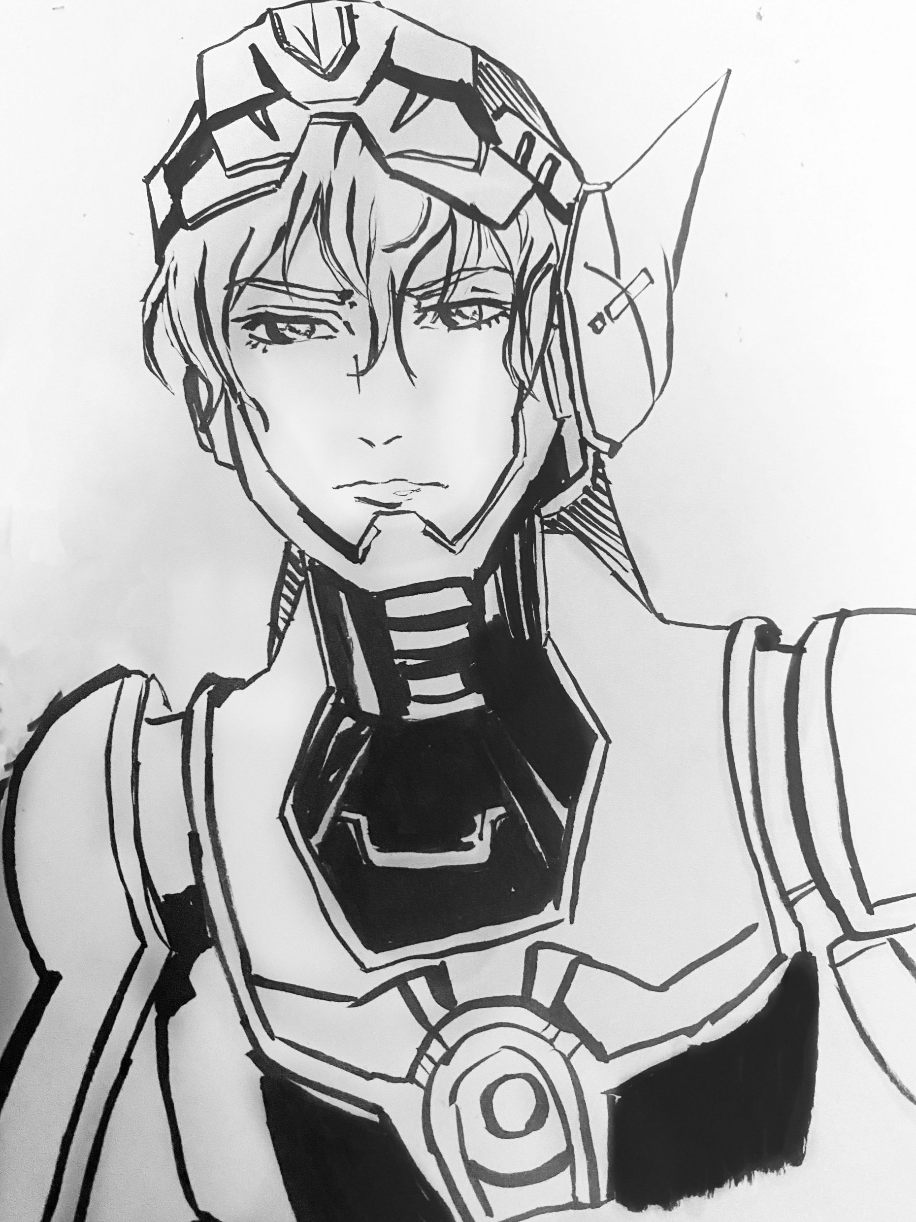 b/w line drawing of person in armor