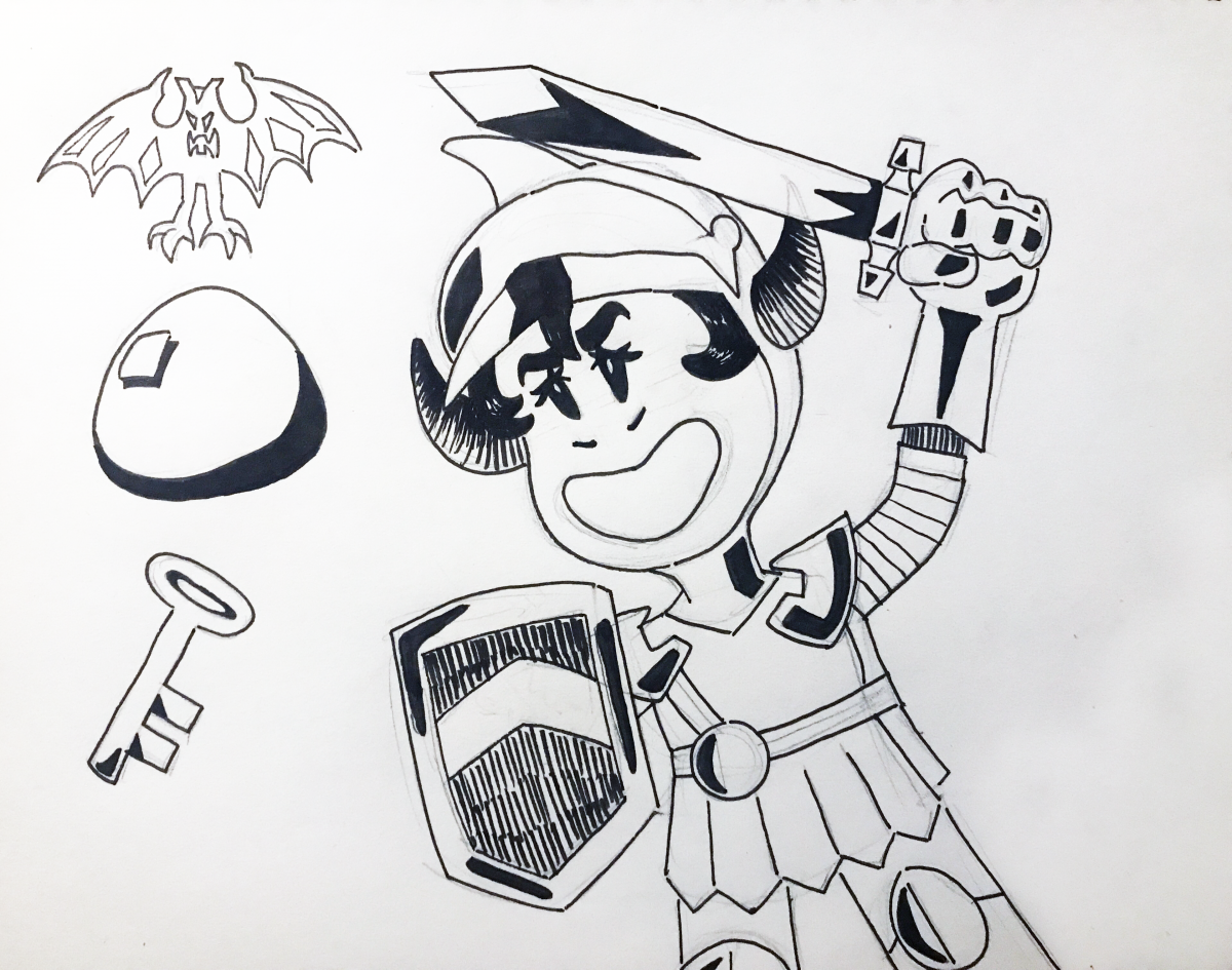 drawing of knight with bat, rock, and key