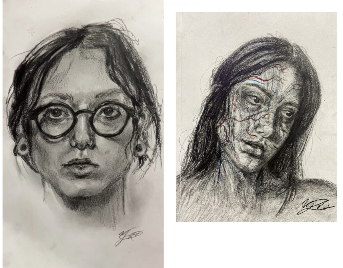 2 portraits, one realistic and one abstract