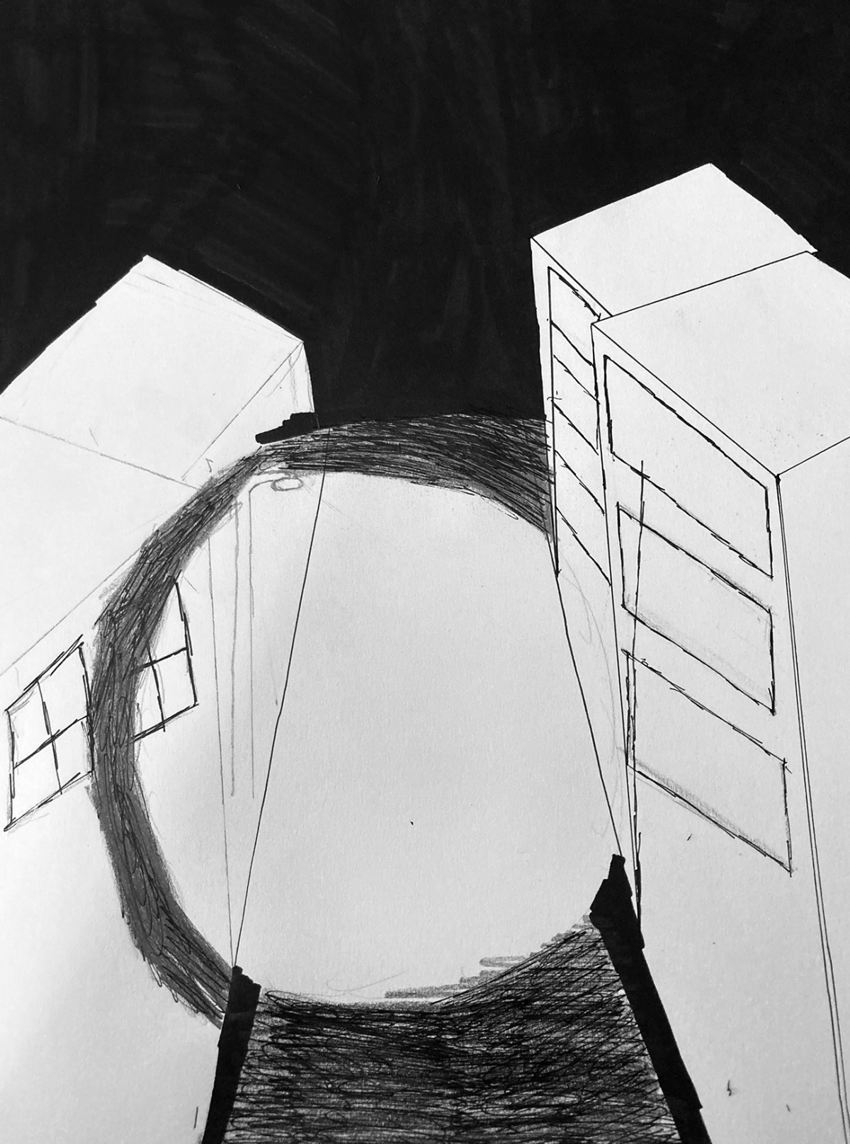 Orb on a street between buildings