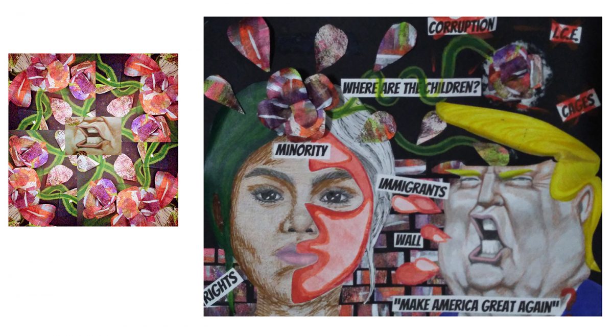 collage with mouth and flowers, painting of person and Donald Trump