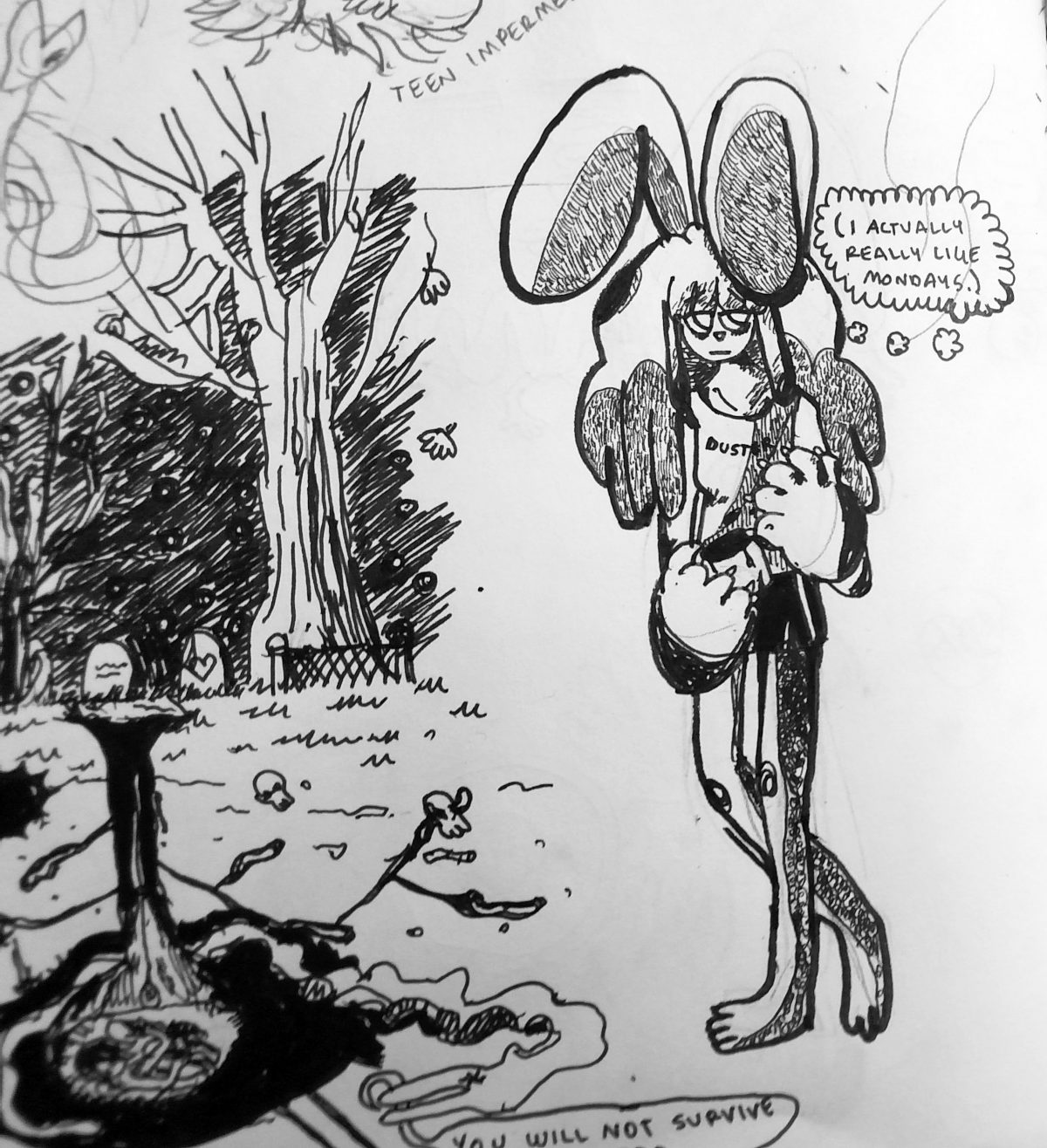 b/w drawing of person with large rabbit ears walking into a cemetery.
