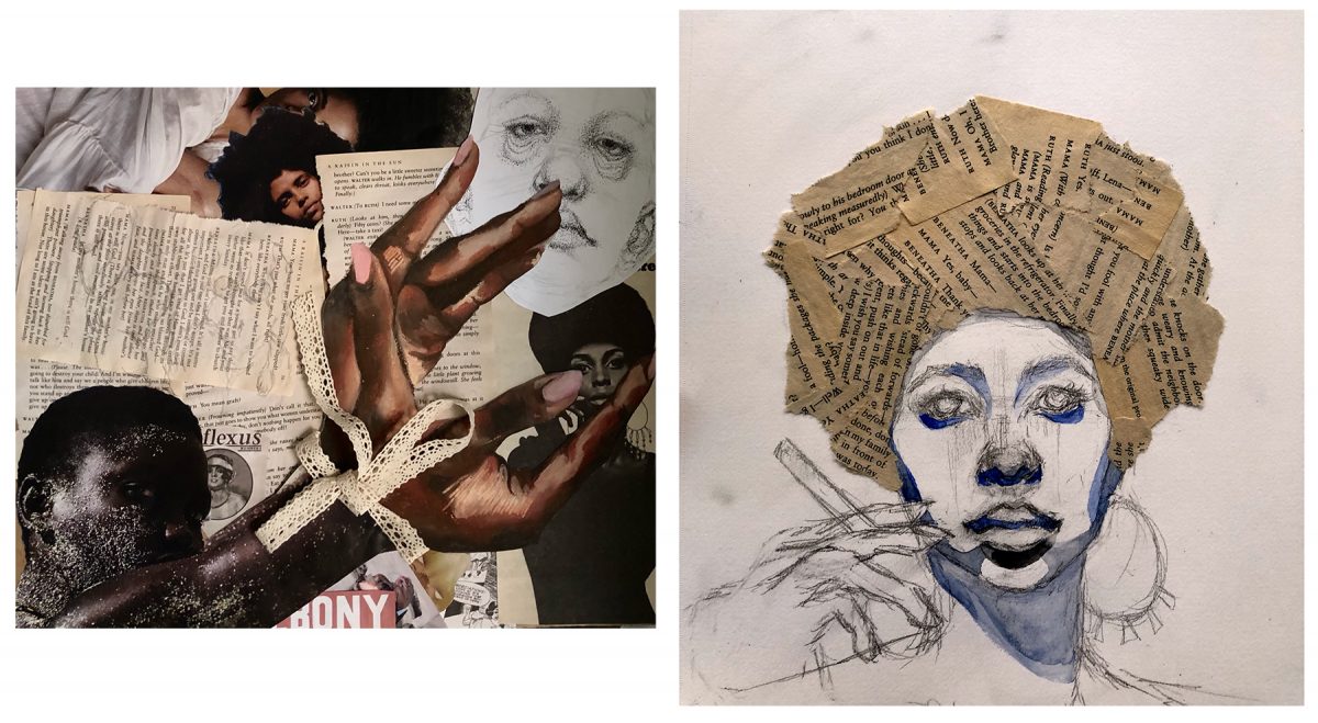 collage of hands and magazines, drawing where person has hair of newspaper