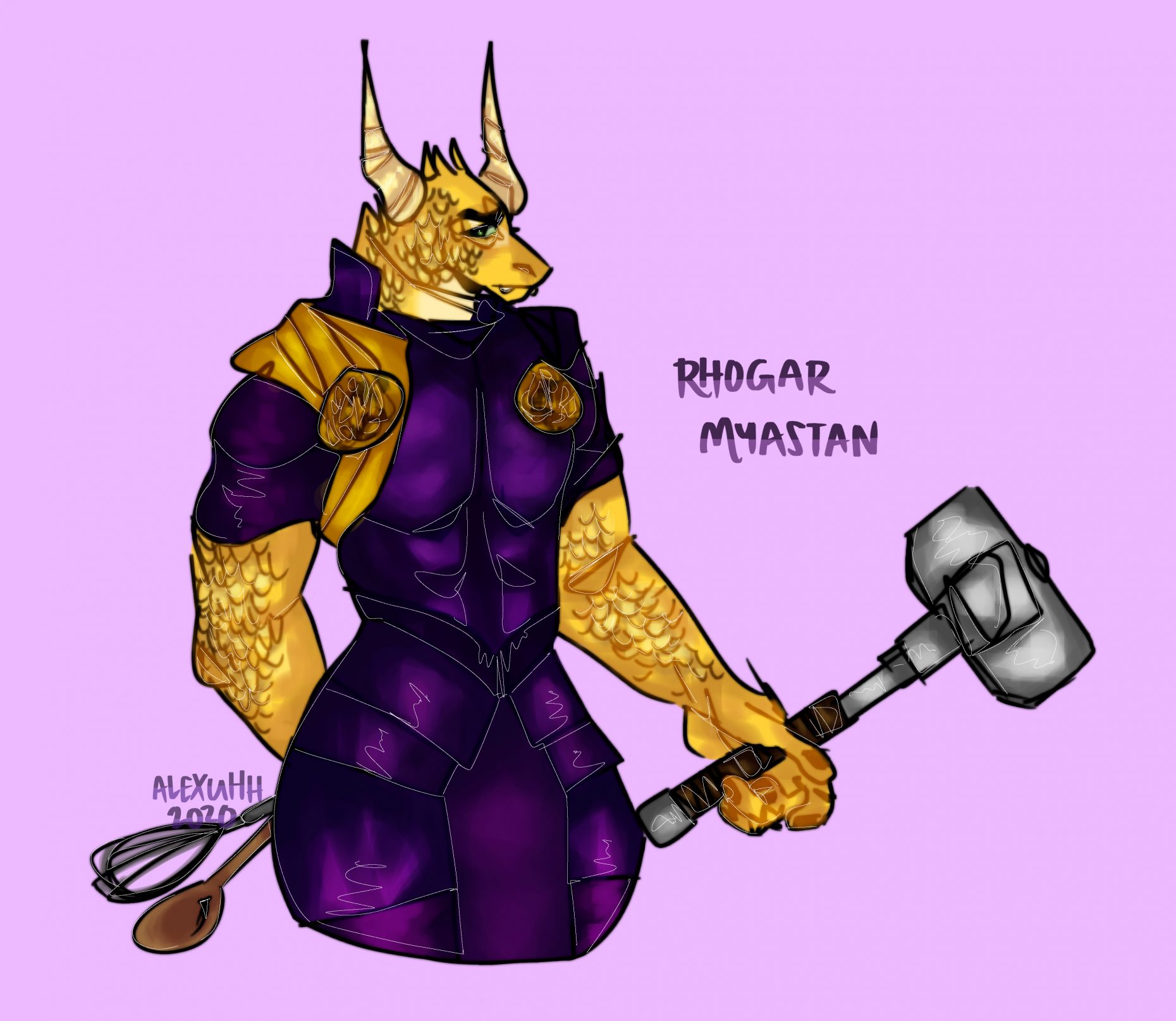 Drawing of a purple and yellow two-horned creature with a big club on a purple background