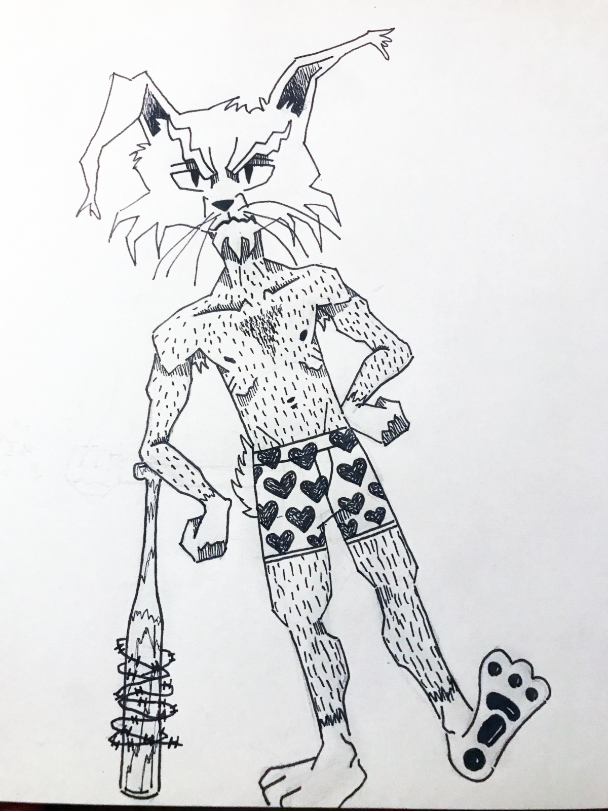 b/w drawing of a cat-like person wearing heart shorts with a bat.