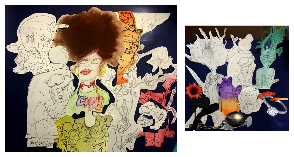 collage of people and abstract painting