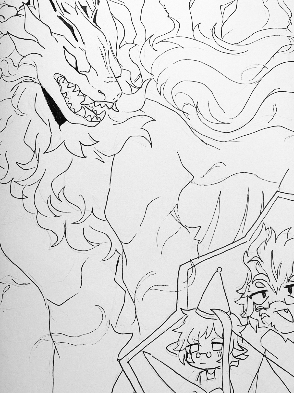 b/w drawing of dragon looking down on people