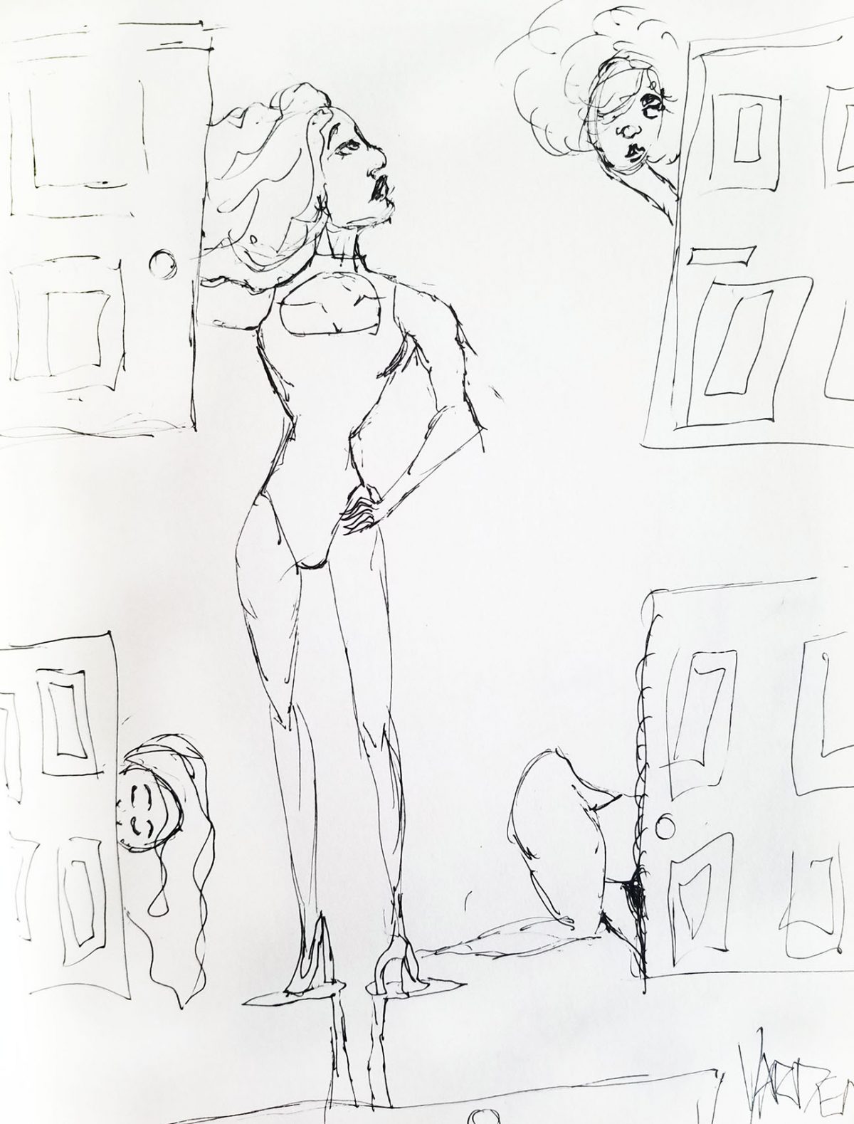 person standing in front of images of various doors