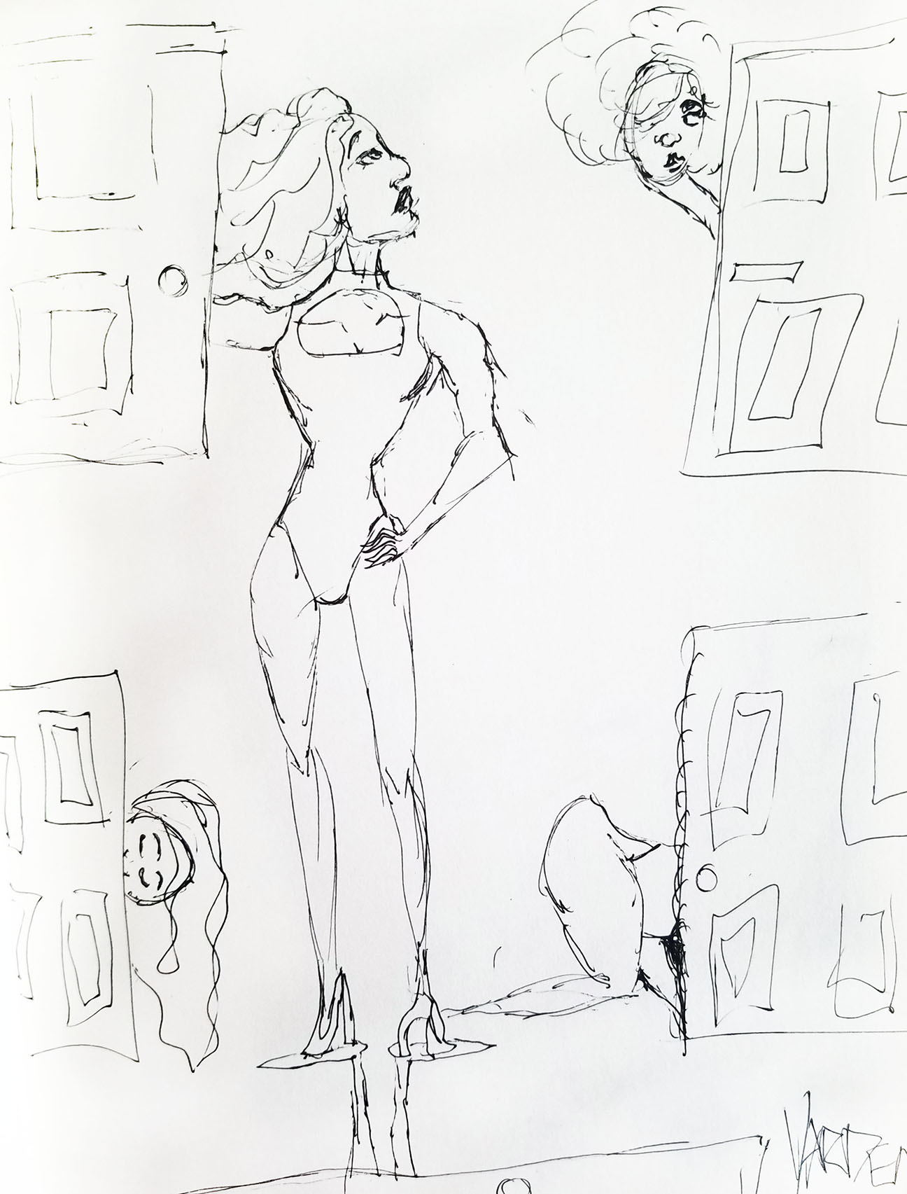 person standing in front of images of various doors