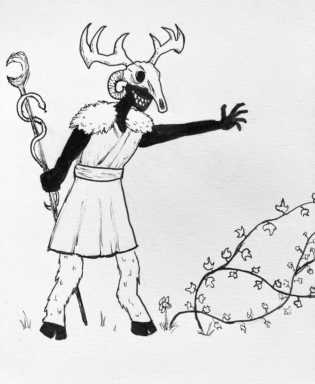 person wearing skull on their head with a staff