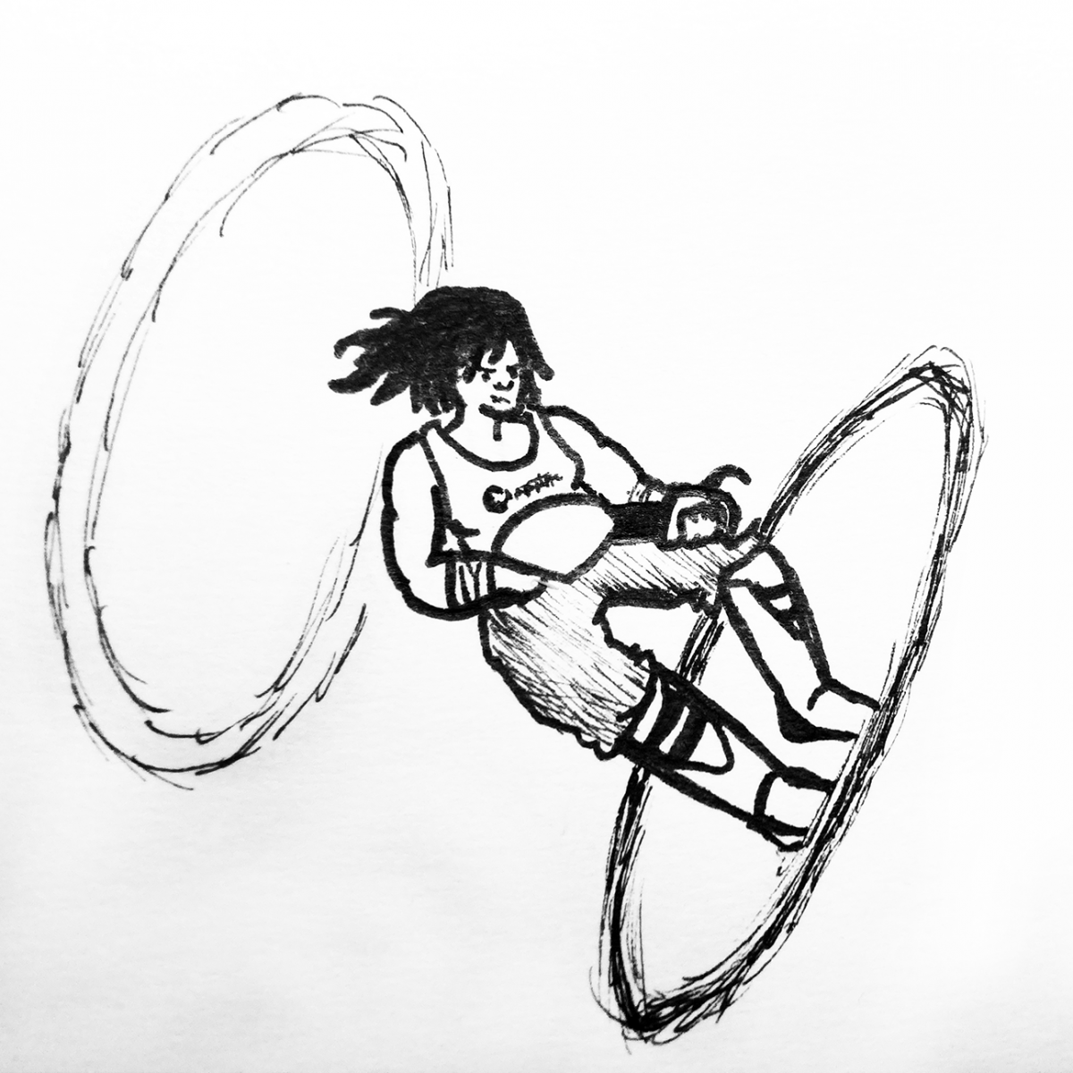 person jumping through portal holes